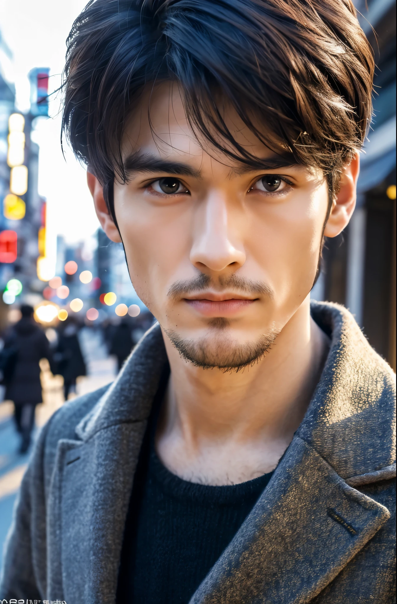 Photorealsitic, 8K full body poster, a handsome, japanes, a 25-year-old man, rugged facial skeleton, serious facial expression, Sharp eyes, A charming expression, detailed face details, TOKYOcty, Winters, Shibuya in the background