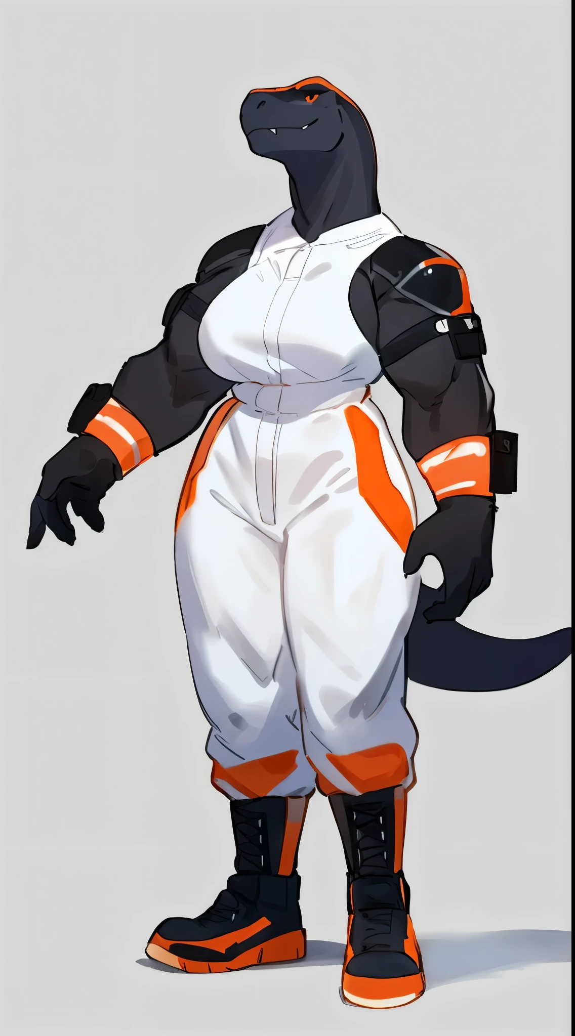 By bebebebebe, by lostgoose, by goonie-san, by buta99, by con5710, ((female)), tyrannosaurus, dinosaur, t-rex, smirking, big breasts, (muscular, buff, giant, strong, enormous, broad shoulders, big head), ((white and orange jumpsuit)), black body armor, black tactical pouches, big black boots, standing