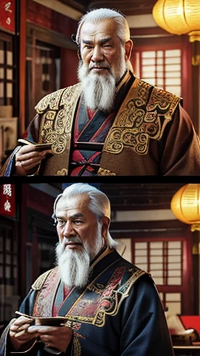 oriental、old man wearing ancient chinese clothes、old man with ancient chinese hairstyle、three kingdom、multiple warlords、top-quality、​masterpiece、超A high resolution、(Photorealsitic:1.4)、Game Posters、Inside the building、