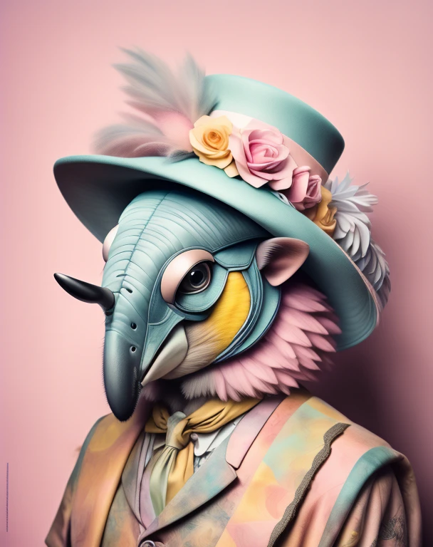 photography portrait,  una jirafa vestida con un traje rosa y un sombrero colorido con pompones en la cabeza y las orejas, con fondo azul , Annabel Kidston, foto profesional, Un retrato de personaje, Movimiento kitsch, Colores pastel