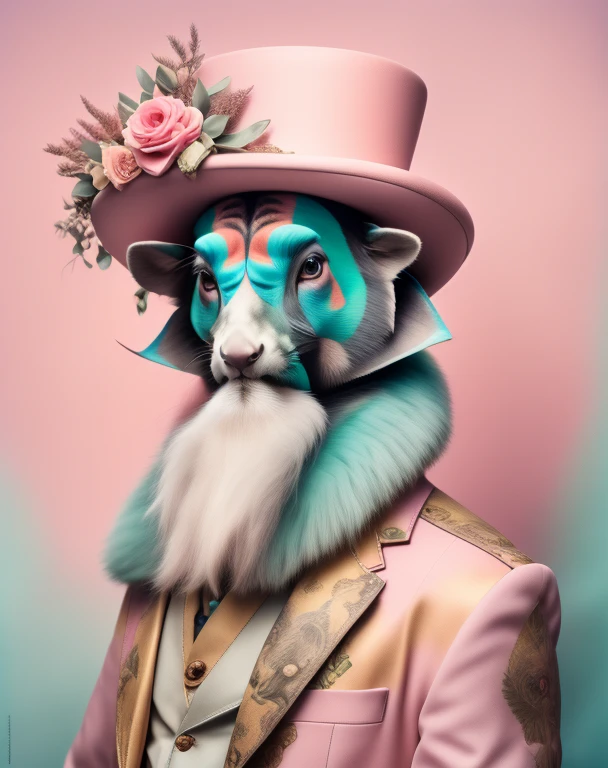 photography portrait,  una jirafa vestida con un traje rosa y un sombrero colorido con pompones en la cabeza y las orejas, con fondo azul , Annabel Kidston, foto profesional, Un retrato de personaje, Movimiento kitsch, Colores pastel