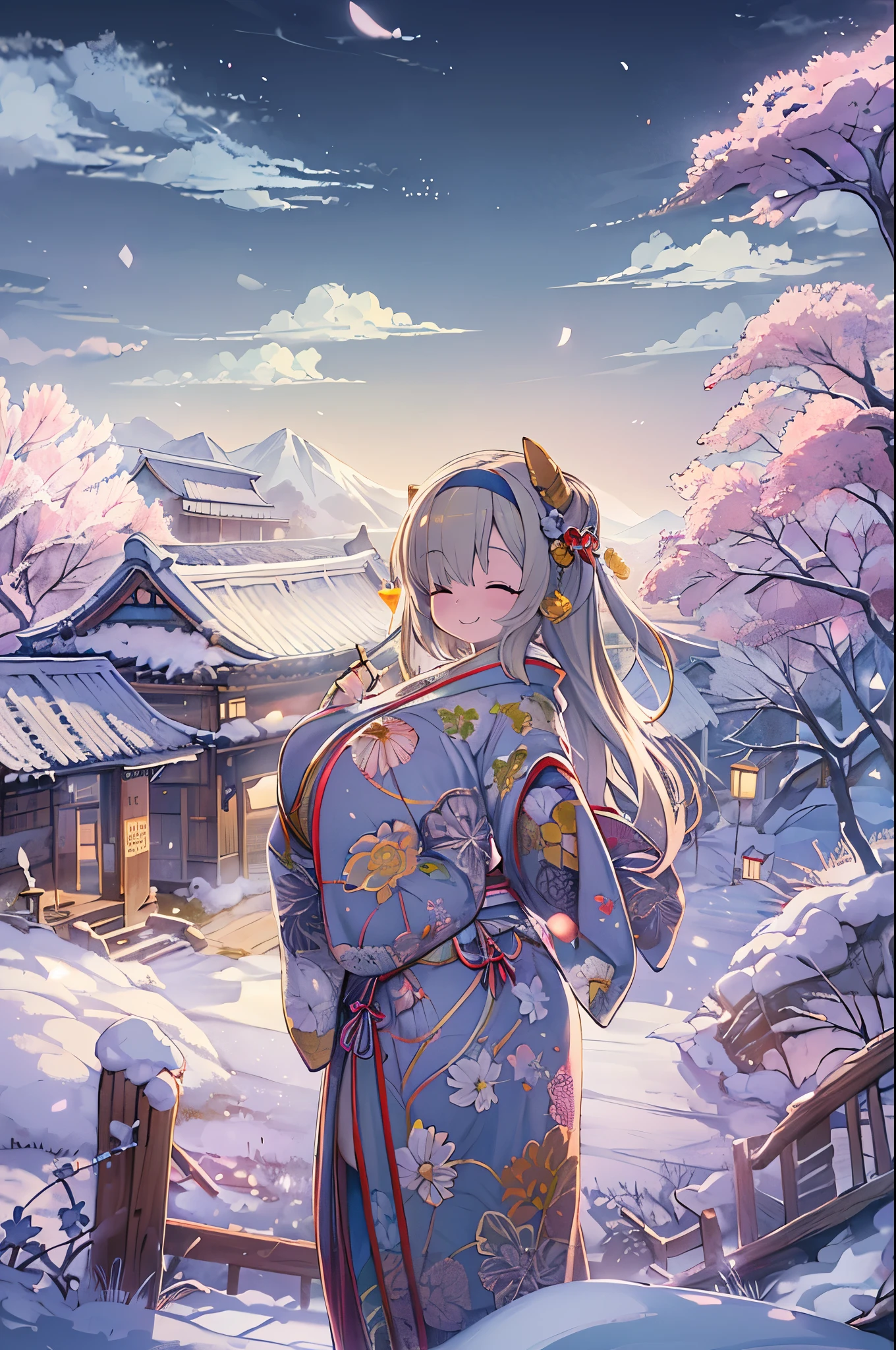 huge-breasted、kawaii、(Sunny Clothes)、torii gate,((Oblique angle))、{{close up to face}}、one eye closed、winking、A big smile、bbw、thick thight、big butts、Ultramammy, Winter days, Anime Background Art, japanese art style, beautiful anime scene,detailed scenery - width 672, Background art, Anime landscapes, Anime Background, Beautiful anime scenery, Beautiful peace scenes in anime, landscape artwork, Japan Village, Anime landscapesコンセプトアート, 8K))、New Year’s Day、1 moon