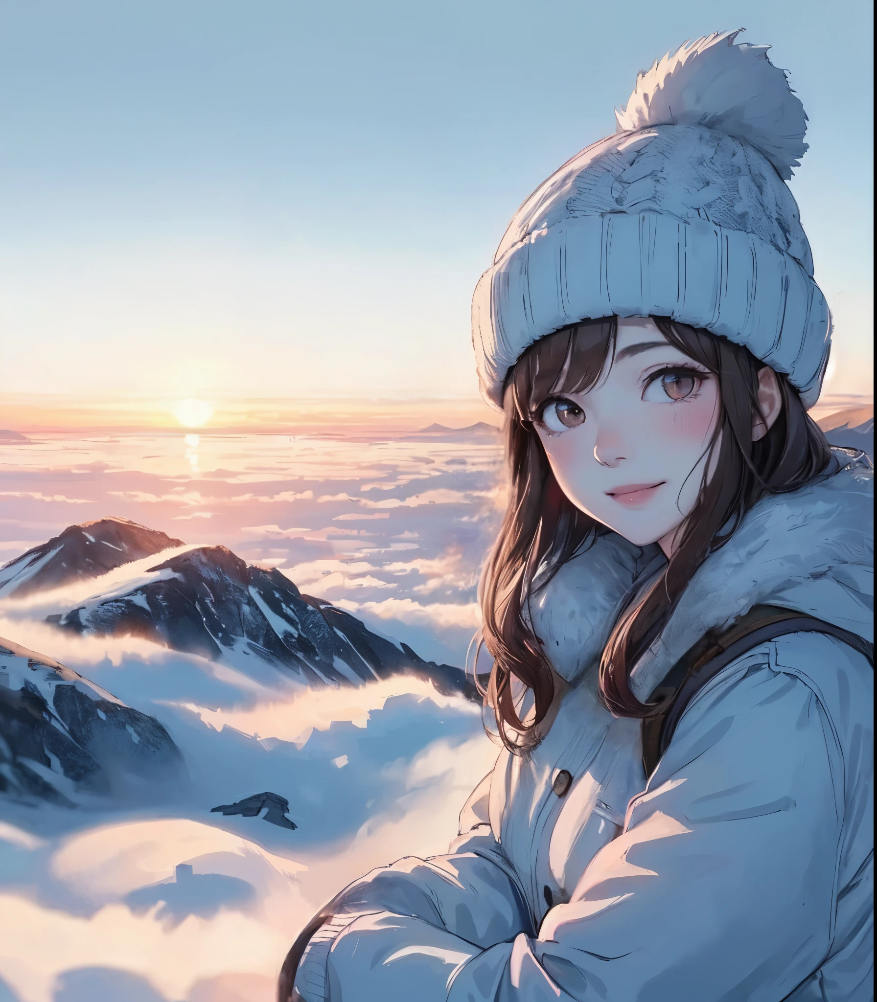 1lady solo, (looking back at viewers), (stylish outfit) winter, mature female, /(dark brown hair/) bangs, blush kind smile, (eyes sparkling with hope), (masterpiece best quality:1.2) delicate illustration ultra-detailed, large breasts BREAK (the first sunrise on the horizon), mountain (sea of clouds:1.2), morning glow, vibrant colors sky BREAK (standing on top of mountain) outdoors, early morning