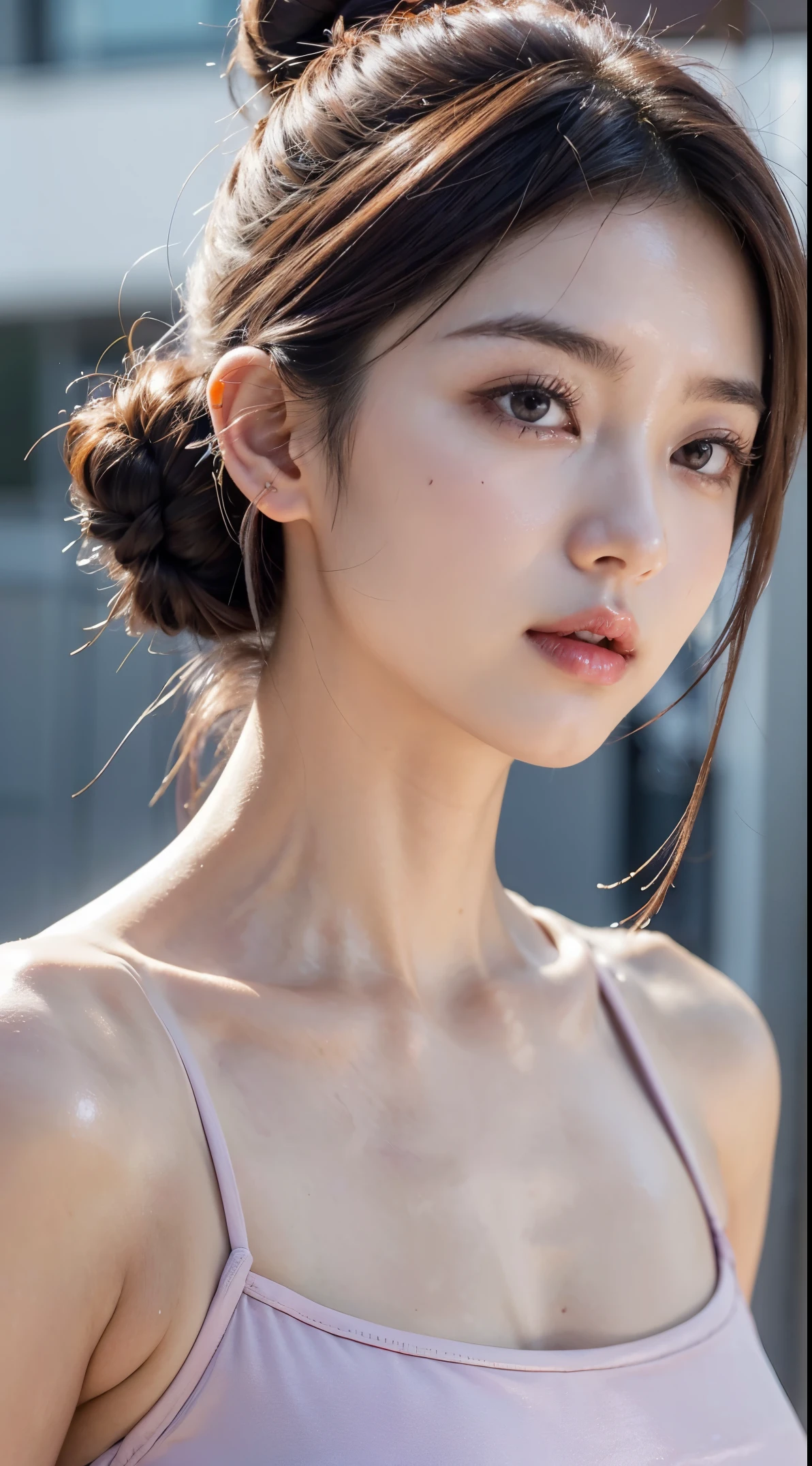 (Best quality:1.1),(tmasterpiece:1.2),sporty attire,,1girl,yuzuriha_(earthly bliss),Purple colored hair,with brown eye,ninjartist,Open your clothes,Chopping,Too big,hair-bun,Medium hair,will separaeucorrhoea,external blushing:1.1), Flowers, pure_Innocent_girl, Pure love face_v1, (closeup of face), Perspectives, (((depth of fieldair and shiny skin,