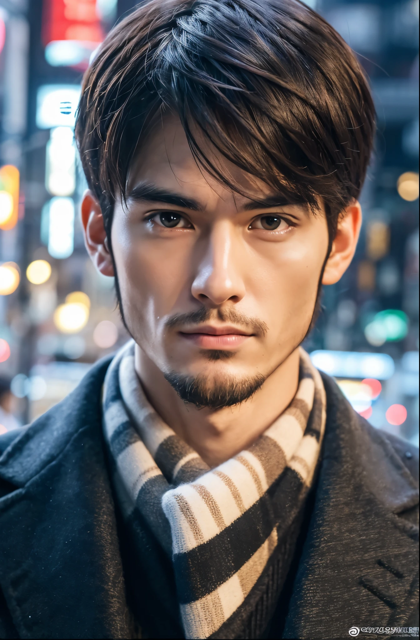 Photorealsitic, 8K full body poster, a handsome, japanes, a 25-year-old man, rugged facial skeleton, serious facial expression, Sharp eyes, A charming expression, detailed face details, TOKYOcty, Winters, Shibuya in the background