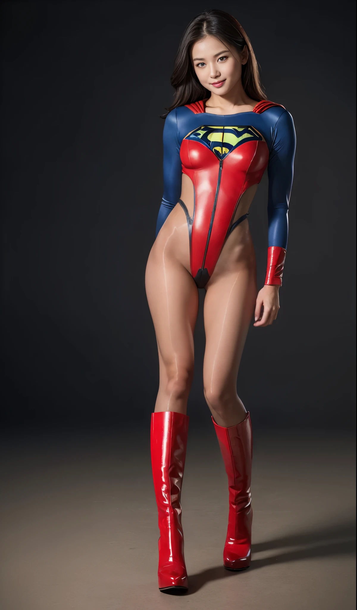 Beauty with short black hair defines her body and looks like a superwoman