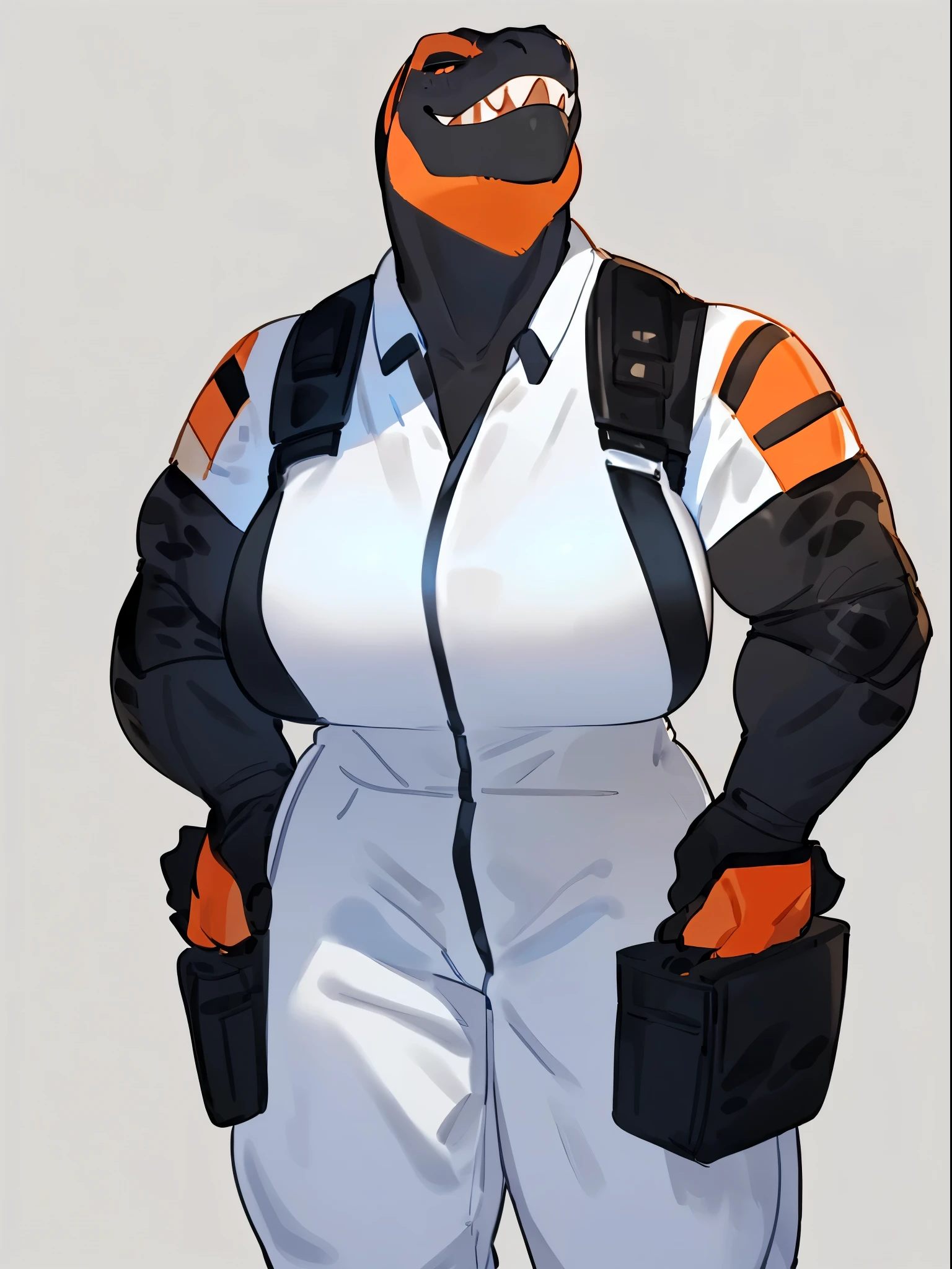 By bebebebebe, by lostgoose, by goonie-san, by buta99, by con5710, ((female)), tyrannosaurus, dinosaur, t-rex, smirking, big breasts, (muscular, broad shoulders, big head), ((white and orange jumpsuit)), black body armor, black tactical pouches, big black boots