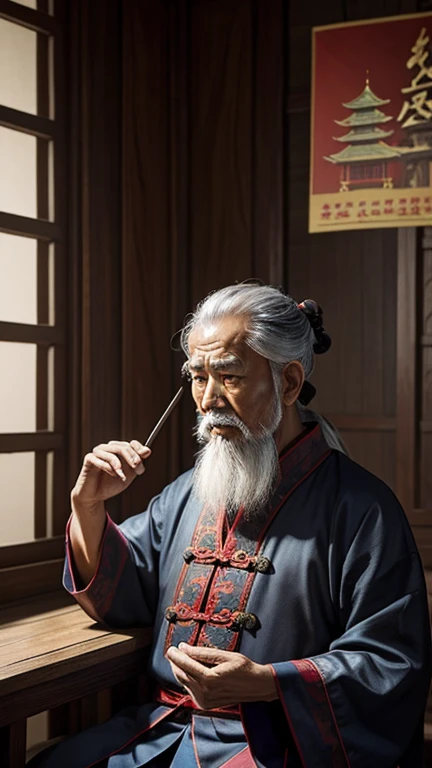 oriental、old man wearing ancient chinese clothes、old man with ancient chinese hairstyle、three kingdom、multiple warlords、top-quality、masterpiece、超A high resolution、(Photorealsitic:1.4)、Game Posters、Inside the building、