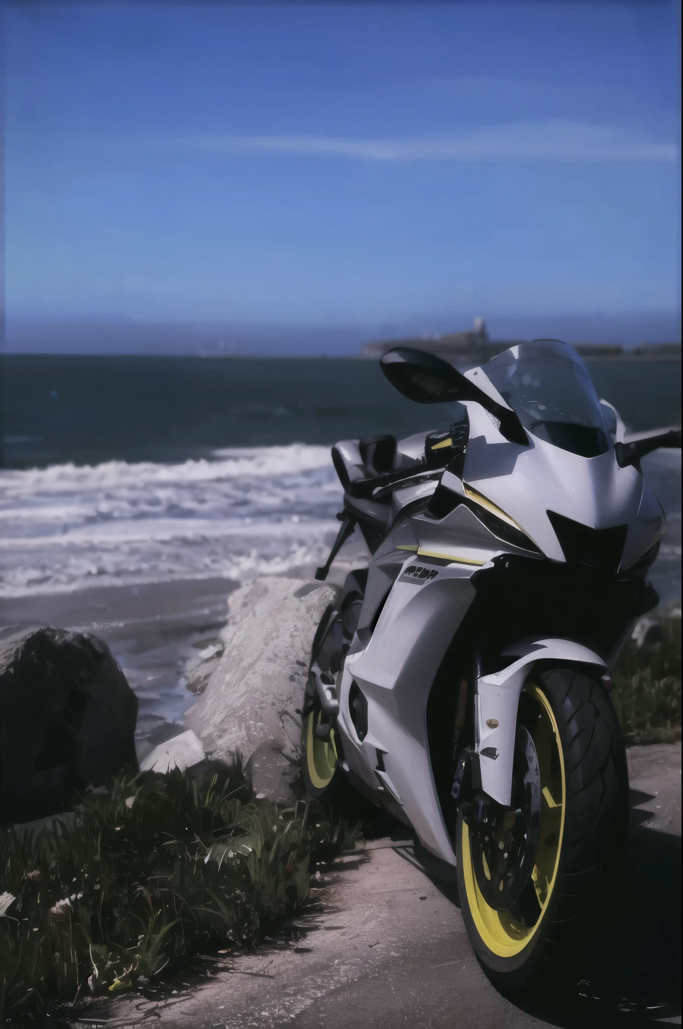 there is a motorcycle parked on the side of the road near the ocean, r6, , 8k octane render photorealistic, realistc octane render, postprocessed, [ 4 k photorealism ], realistic. octane render, cycles render 4k, cinematic front shot, fine details 8k octane rendering, made with photoshop, vray cinematic smooth