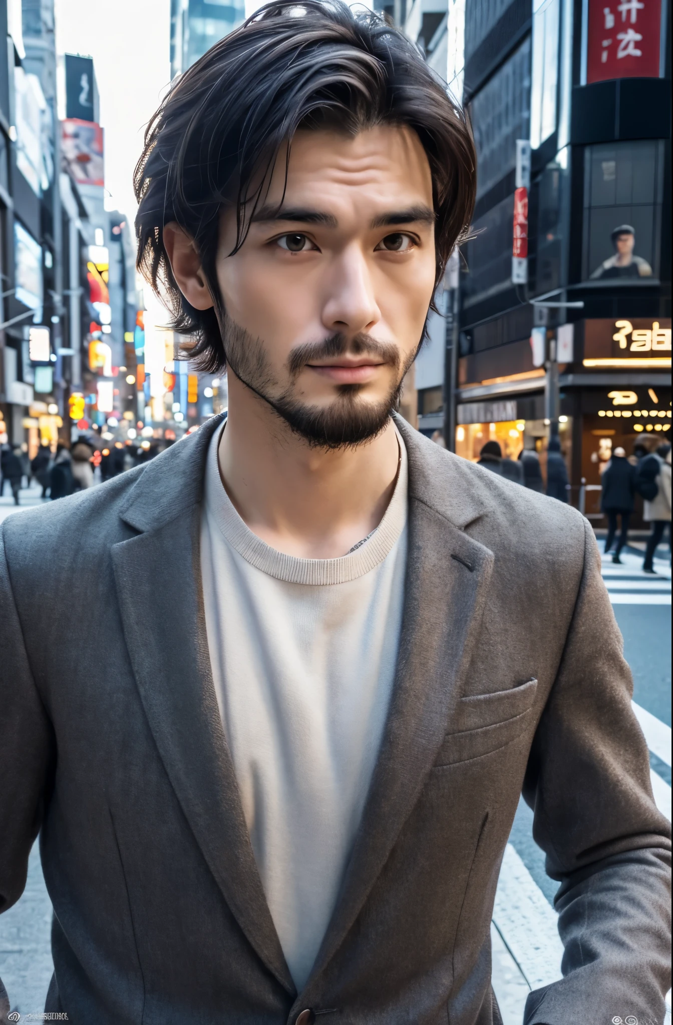 Photorealsitic, 8K full body poster, a handsome, japanes, a 25-year-old man, rugged facial skeleton, serious facial expression, Sharp eyes, A charming expression, detailed face details, TOKYOcty, Winters, Shibuya in the background