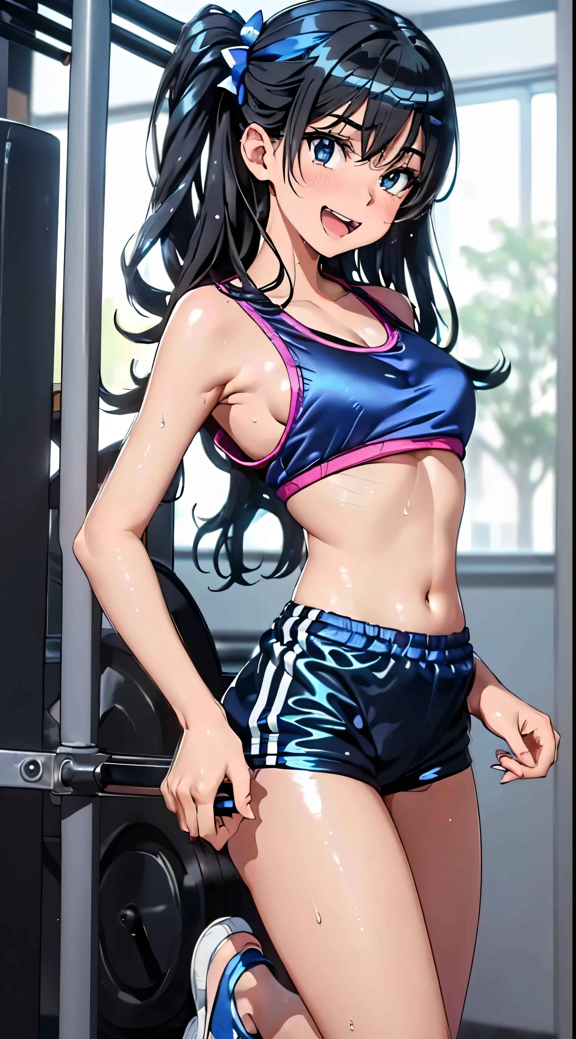 1womanl,Black hair,14 year old beautiful breasts,(((Sexy white and blue shiny gym clothes and short cheeks、Smile with open mouth)),(((Satin Narico))),((( portlate))),Crowds,Shiny white and blue gym clothes and shorts,Wet with sweat,