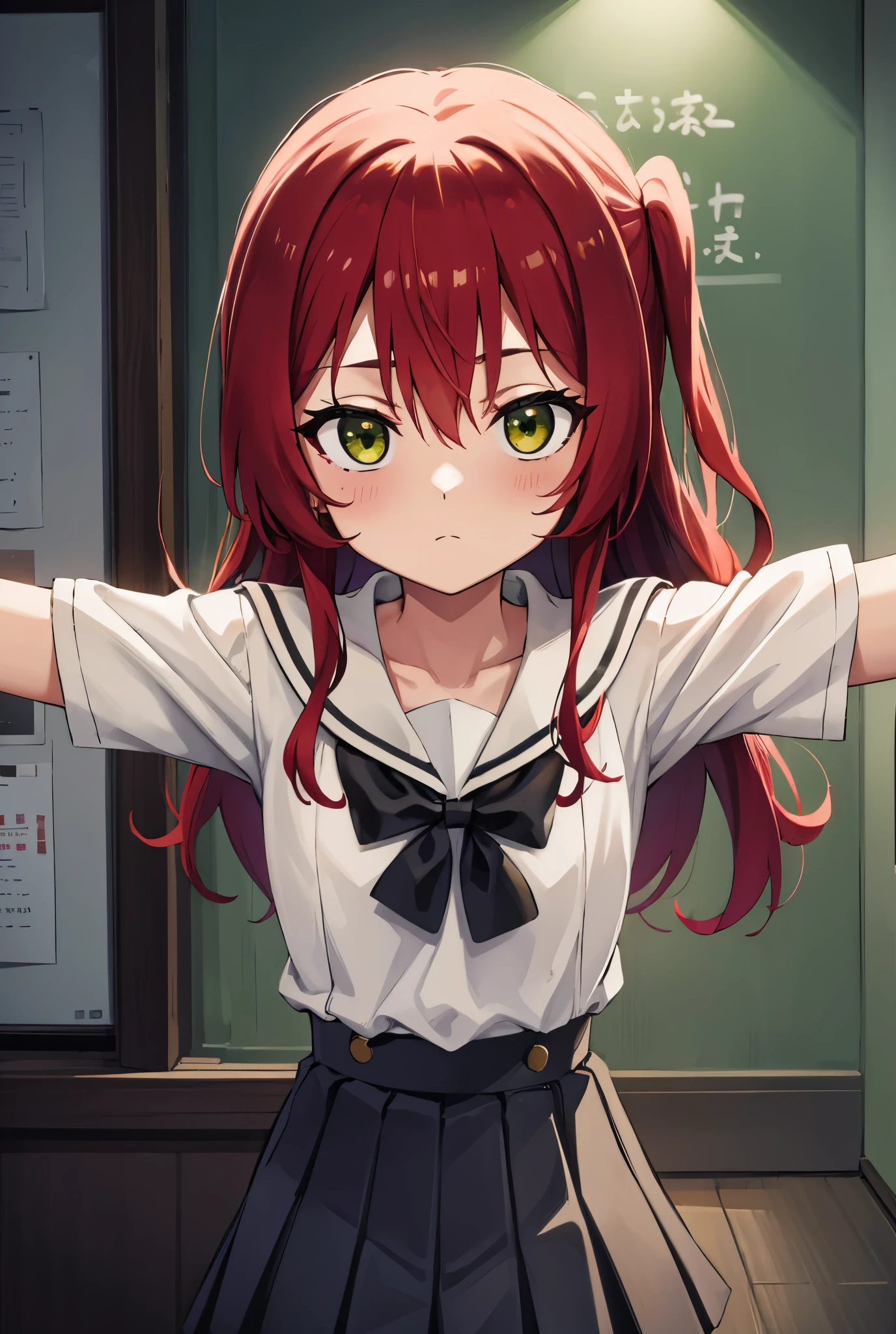 kitaikuyo, ikuyo kita, (green eyes:1.5), hair between eyes, long hair, one side up, red hair, (flat chest:1.2),
BREAK black footwear, black skirt, grey sailor collar, pleated skirt, sailor collar, school uniform, shoes, short sleeves, shuka high school uniform, skirt,,
BREAK looking at viewer,
BREAK indoors, classroom,
BREAK (masterpiece:1.2), best quality, high resolution, unity 8k wallpaper, (illustration:0.8), (beautiful detailed eyes:1.6), extremely detailed face, perfect lighting, extremely detailed CG, (perfect hands, perfect anatomy),up chest.Spread your arms.serious.closed mouth