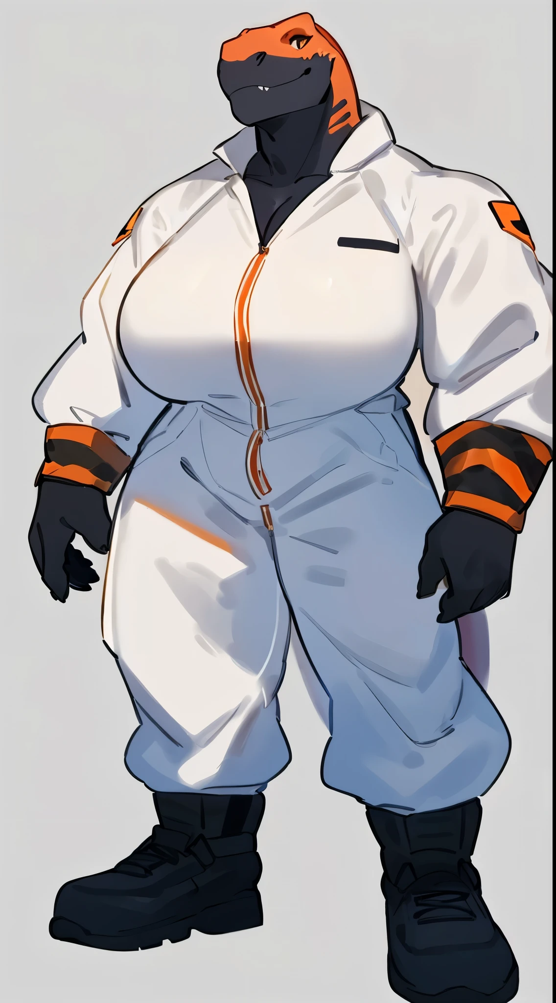 By bebebebebe, by lostgoose, by goonie-san, by buta99, by con5710, ((female)), tyrannosaurus, dinosaur, t-rex, smirking, big breasts, (muscular, buff, giant, strong, enormous, broad shoulders, big head), ((white and orange jumpsuit)), black body armor, black tactical pouches, big black boots, standing
