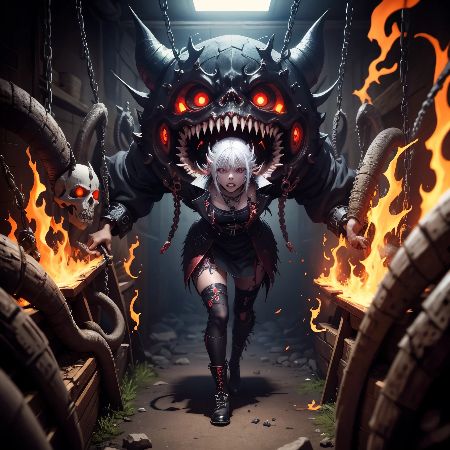 Tokio Ghoul, anime, demonio, bestial skull, correntes ensanguentadas, preso, ossos Behemoth, manic eye aberration, membros suturados, tentacles, ossos, dentes, presas afiadas, acorrentado, expression of insanity, loucura, dungeon dungeon environment, 8k, qualidade ultra HD.