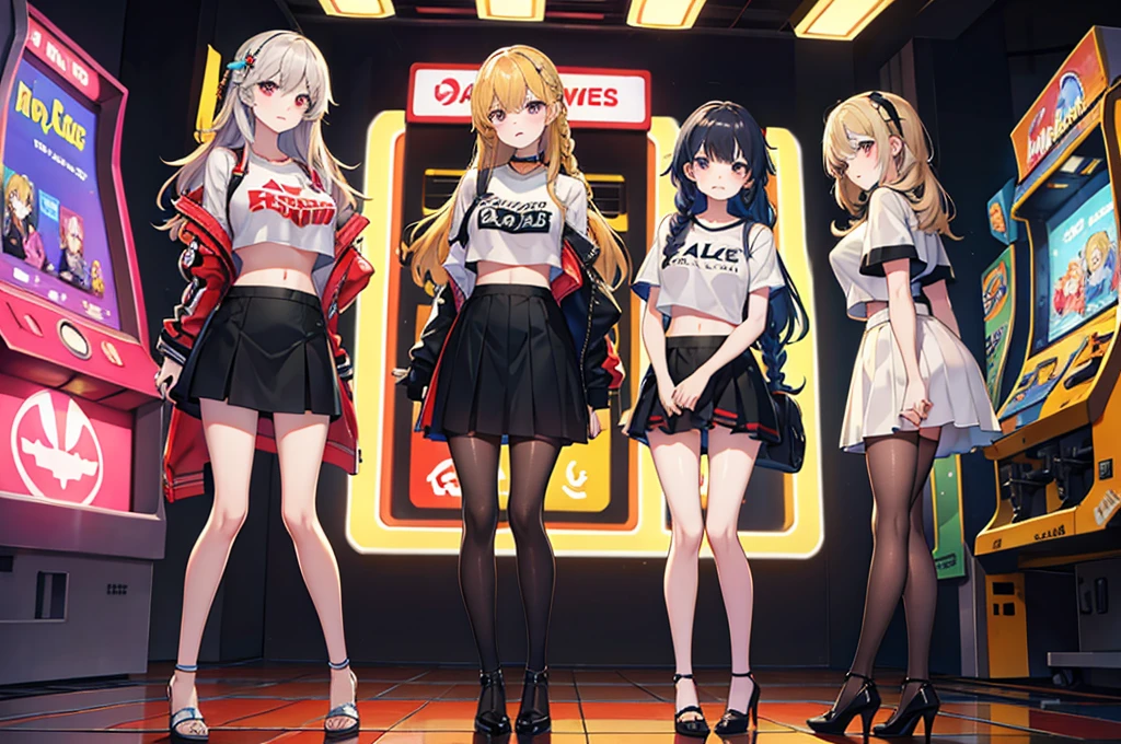 masterpiece, top-quality, hight resolution, 1girl in, 独奏, shortpants, Virtual Youtuber, yellow eyes, Single thigh, thighs thighs thighs thighs, length hair, a navel, jaket, Midriff, greyt hair, looking at the viewers, croptop, off shoulders, white backgrounid, espadrilles, shoe, Black shorts, A smile, breastsout, hair adornments, Black shirt, black thighhighs, shortpants, The shirt, a belt, Open your clothes, bangss, bare shoulders, Black jacket, middlebreasts, Sleeveless,(Sex with multiple men:1.3), cum shots, Spread legs, Lying down, Breasts out, Cute face, embarrassed from, Ecstasy, closes mouth, From below, Event Venues, Crowd of boys, Boy filming with camera, (Anime style:1.1),nffsw_kato,HMKM1