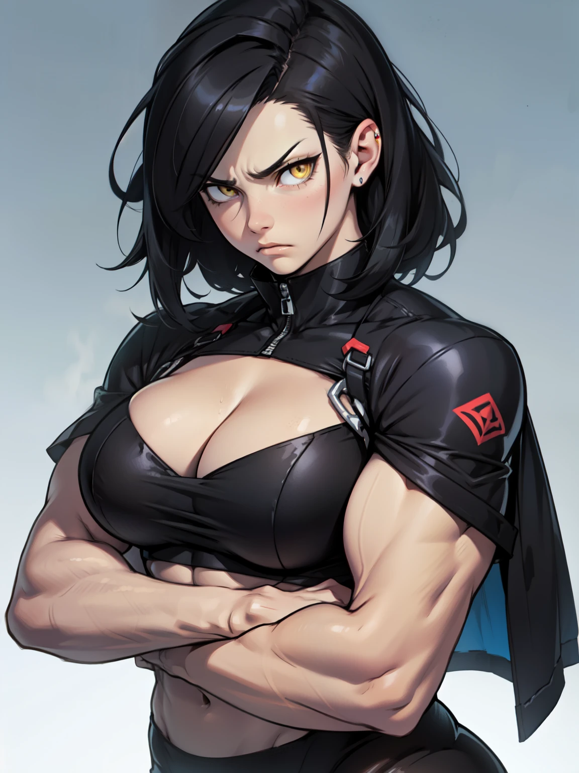 muscular girl thick breasts black hair yellow eyes pale skin best quality sad frown