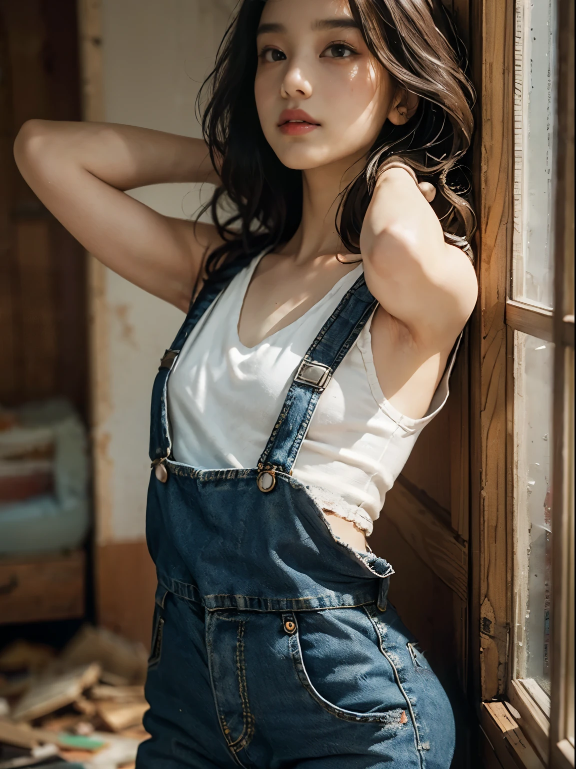 raw photo, 8k, (top-quality), Realistic, (real picture, Intricate details), (natural skin texture, detailed skin, hyper realism, sharpness), (Japanese college girl standing in an abandoned apartment building, hands behind head, armpits exposed, showing armpits), ((denim overalls, Distressed denim, sleeveless)), (((Small chest:1.4))), Fair skin, sweaty skin, ((Wavy long hair, One-length hairstyles)), (kanakomomota, neat face, Parted lips), navel exposed, Room being demolished, dusty room, cracked wall, Messy floor, Pile of rubble:1.3, broken window, cracked Window glass, Hard lighting:1.3, sunset light, Full body shot