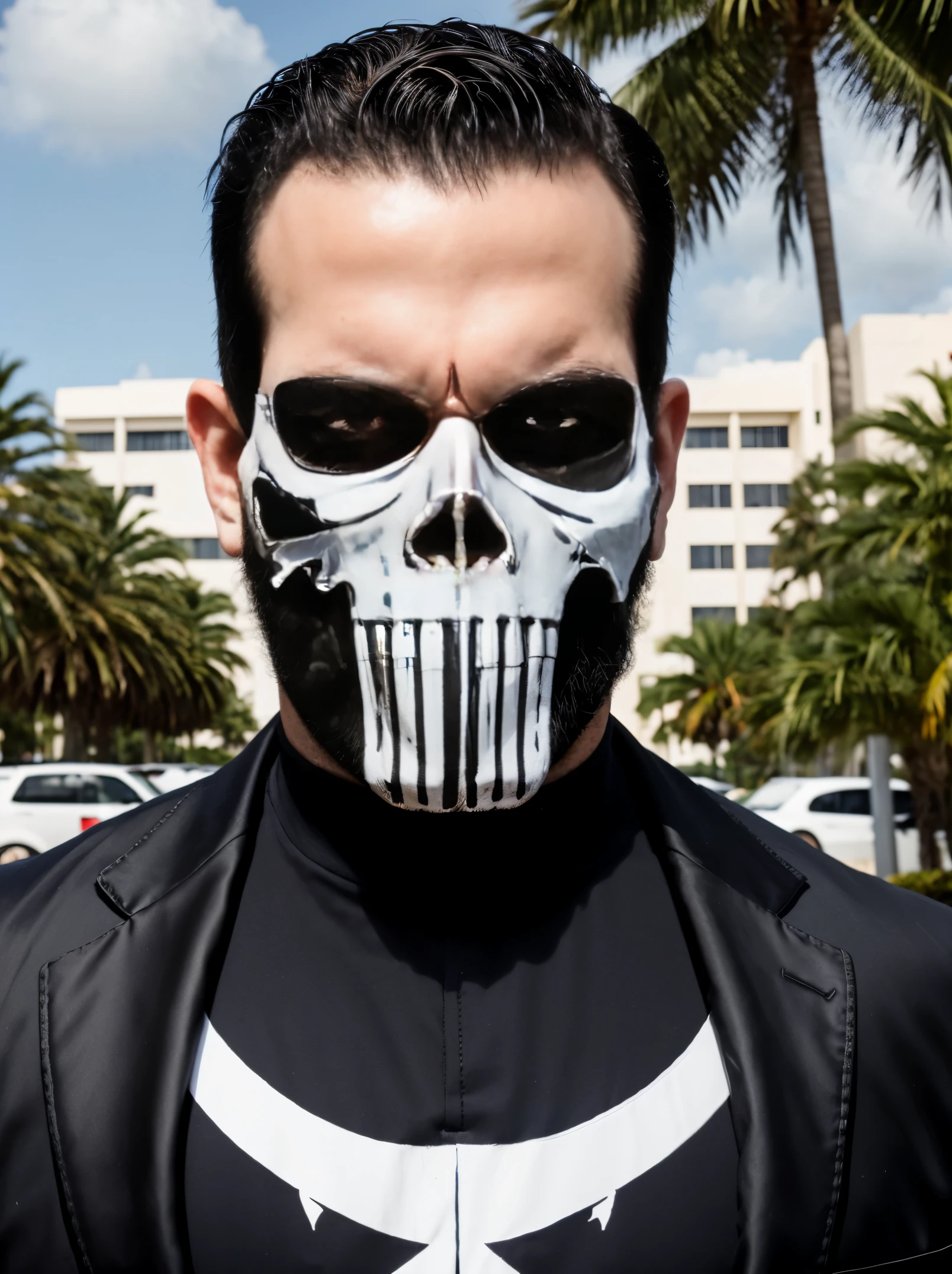 punisher portrait photo of a punisher wearing skull suit and black suit with white big skull logo, shooting a gun in the parking lot with the miami office building and palm trees in the background, high quality, very sharp, professional photography