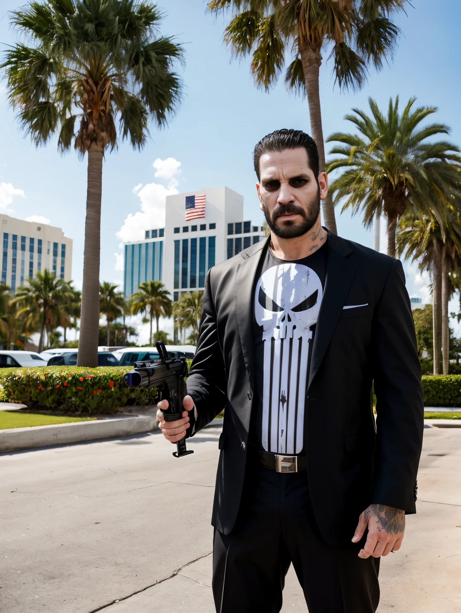 punisher portrait photo of a punisher wearing skull suit and black suit with white big skull logo, shooting a gun in the parking lot with the miami office building and palm trees in the background, high quality, very sharp, professional photography