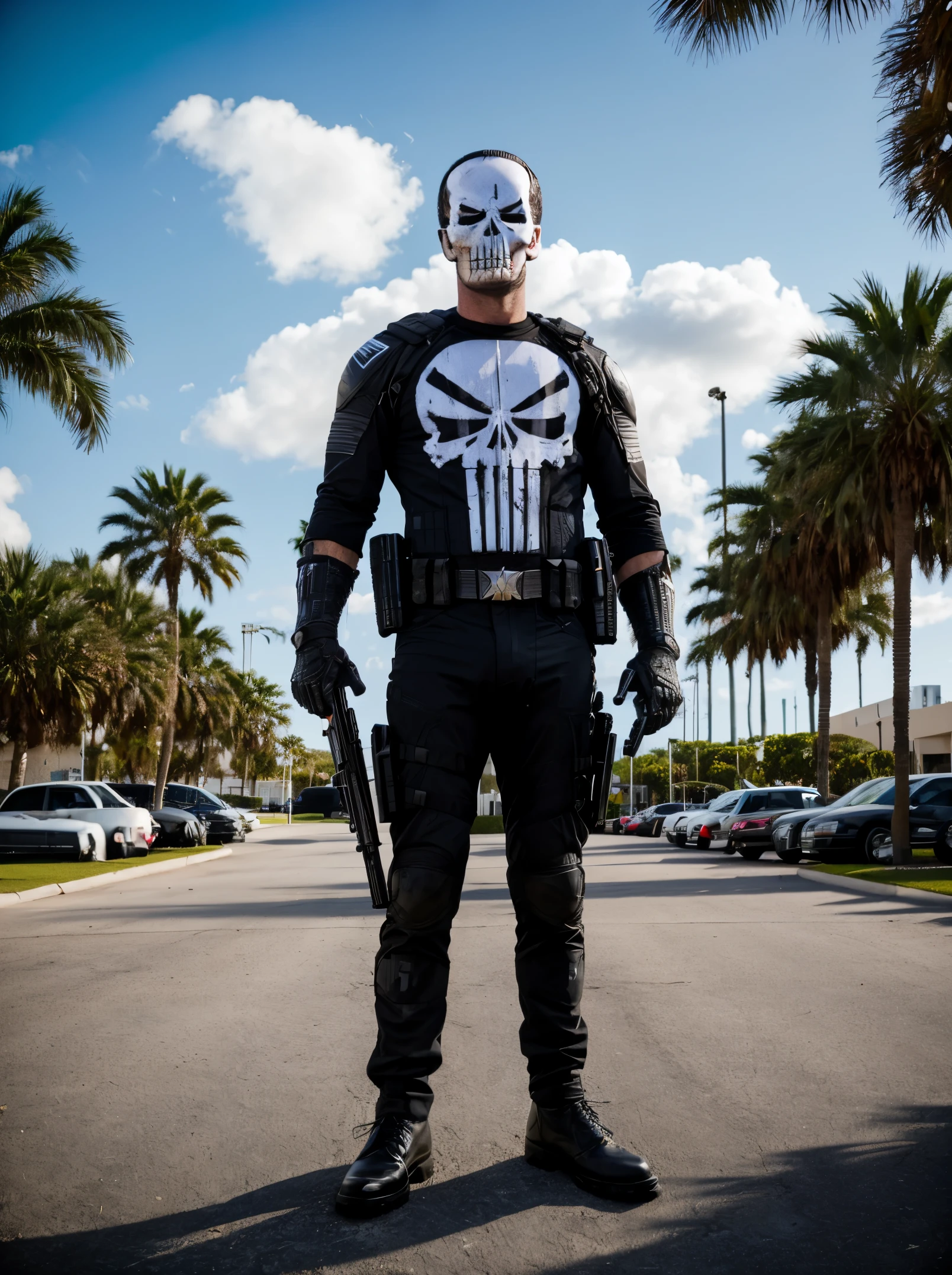 punisher portrait photo of a punisher wearing skull suit and black suit with white big skull logo, shooting a gun in the parking lot with the miami office building and palm trees in the background, high quality, very sharp, professional photography