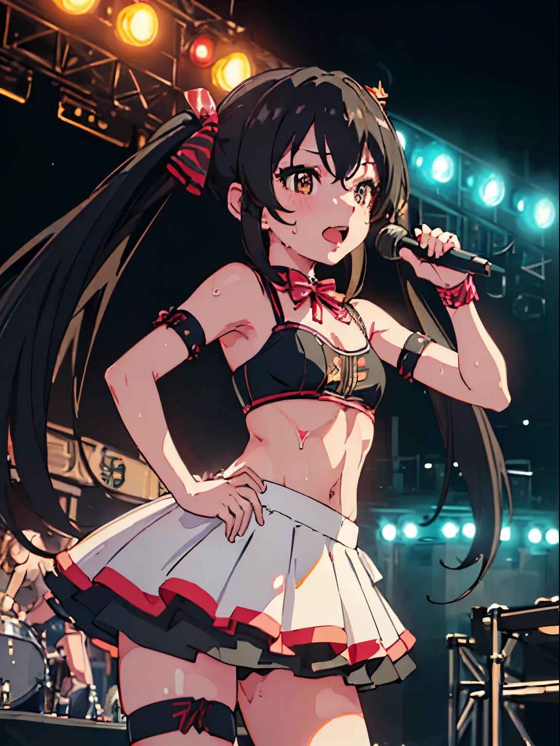 ((( masterpiece ))) Background : ( Festive theme, on stage, night time, neon light, performance, night, best quality, highly detailed ). Character ; ( 1girl, standing , singing, enjoying, happy, Matoba risa, wearing idol outfit, sweating, ****con, fit body, small breast,  long twintail hair, ribbon)