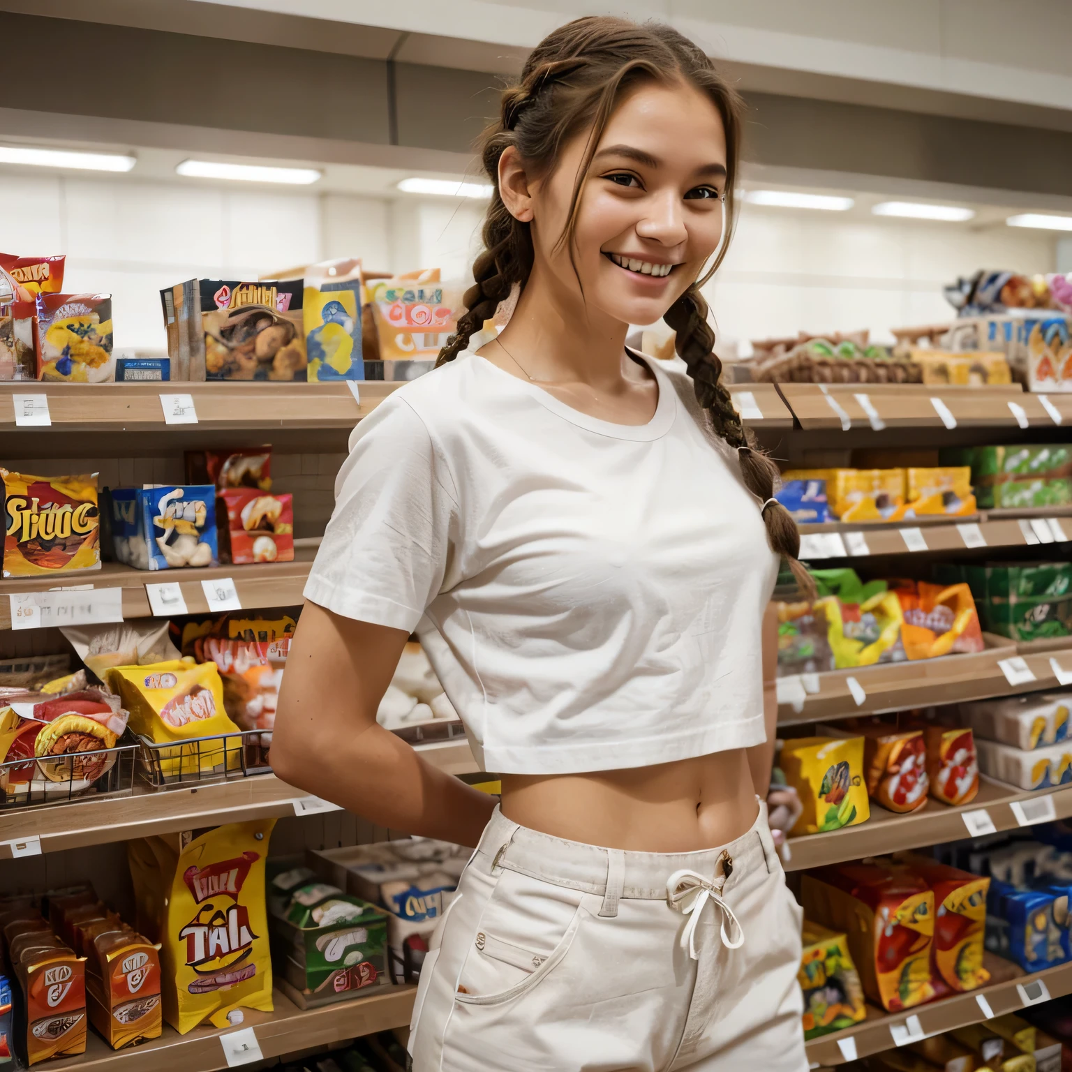 Generate a compelling image from the side of a resilient 16-year-old girl thriving in the ice age, explicitly avoiding any depiction of modern clothing. Emphasize her robust physique, this time dressed in white pants and a white t shirt. Craft a rugged face with pronounced cheekbones, a weathered complexion, and intense, striking eyes. Depict wild, untamed hair, incorporating natural elements like braids with twigs or bones. Place her in a japanese supermarket. The photo is taken with an iPhone and does not look professional. She is laughing