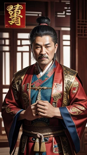 oriental、Middle-aged man wearing ancient Chinese clothes、ancient chinese hairstyle middle age、three kingdom、multiple warlords、top-quality、masterpiece、超A high resolution、(Photorealsitic:1.4)、Game Posters、Inside the building、