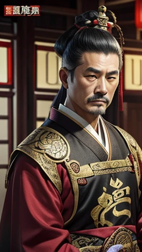 oriental、Middle-aged man wearing ancient Chinese clothes、ancient chinese hairstyle middle age、three kingdom、multiple warlords、top-quality、masterpiece、超A high resolution、(Photorealsitic:1.4)、Game Posters、Inside the building、