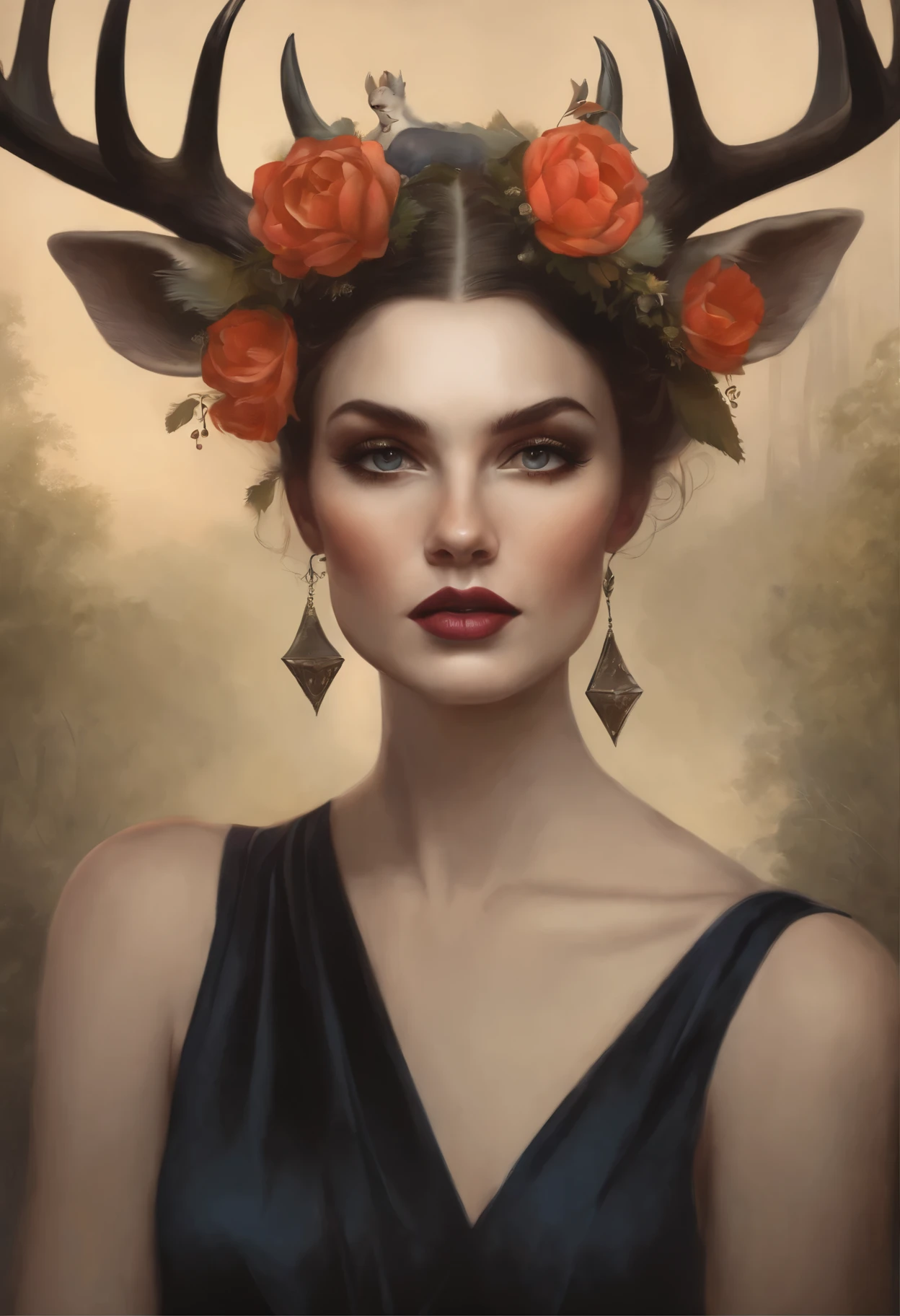 Painting of a woman with flowers, holding a deer, tom bagshaw style, tom bagshaw artstyle, Артгерм и Tom Bagshaw, Tom Bagshaw вдохновил, portrait of Tom bagshaw, Young woman with horns, Artstyle: Tom Bagshaw, rob rey, In the style of Anna Dittmann, artgerm julie bell beeple
