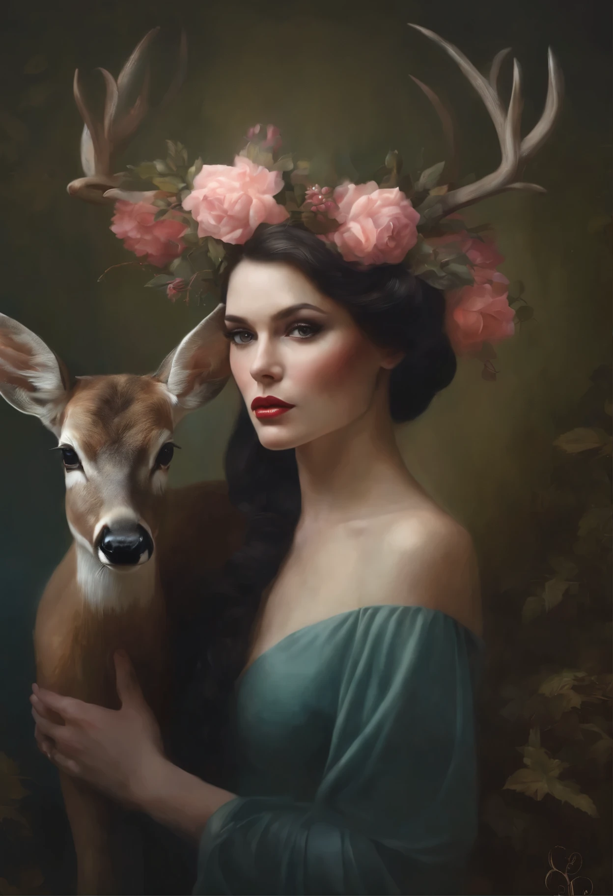 Painting of a woman with flowers, holding a deer, tom bagshaw style, tom bagshaw artstyle, Артгерм и Tom Bagshaw, Tom Bagshaw вдохновил, portrait of Tom bagshaw, Young woman with horns, Artstyle: Tom Bagshaw, rob rey, In the style of Anna Dittmann, artgerm julie bell beeple
