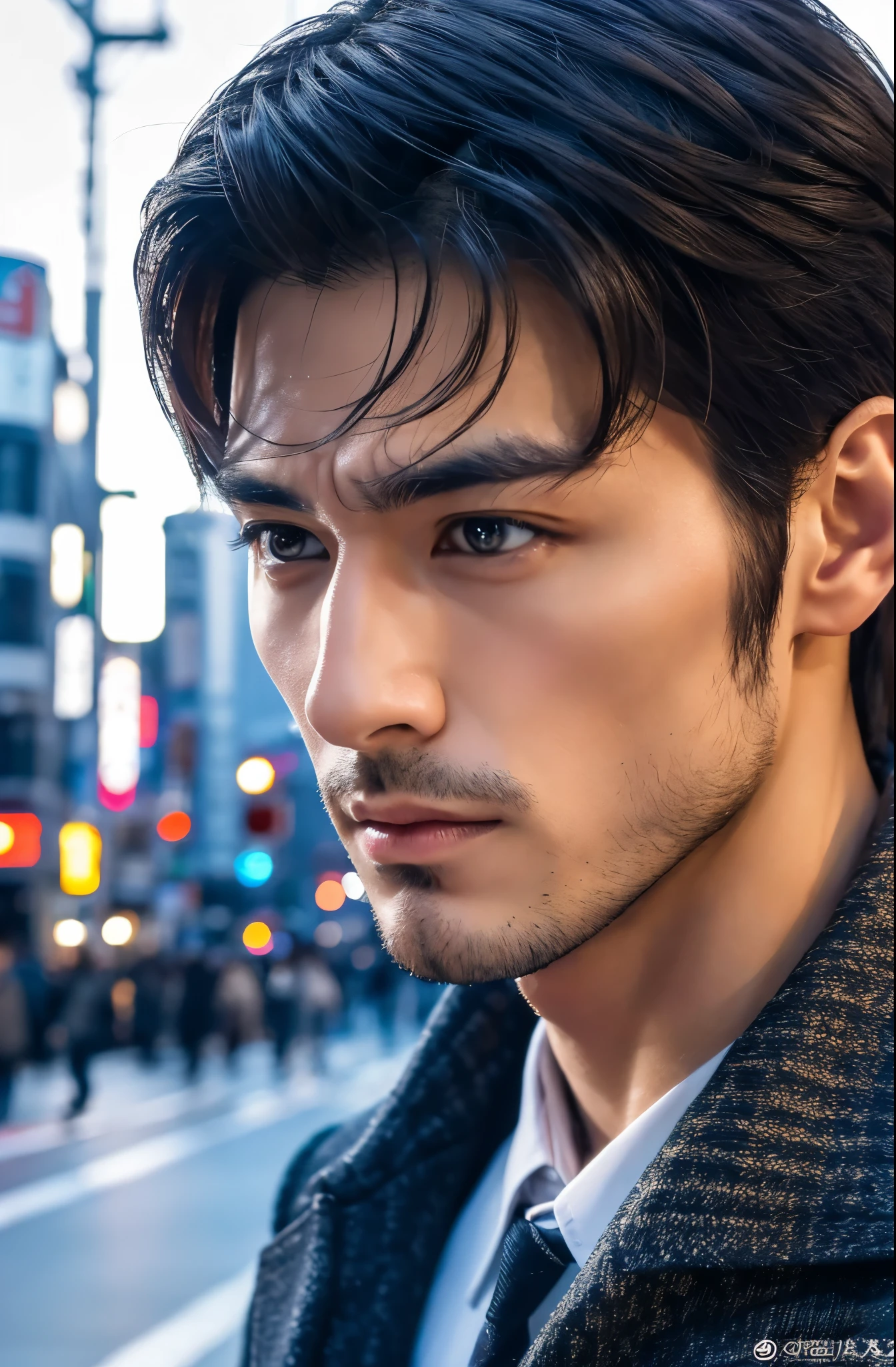 Photorealsitic, 8K full body poster, a handsome, japanes, a 25-year-old man, serious facial expression, Sharp eyes, A charming expression, detailed face details, musculature, TOKYOcty, Winters, Shibuya in the background