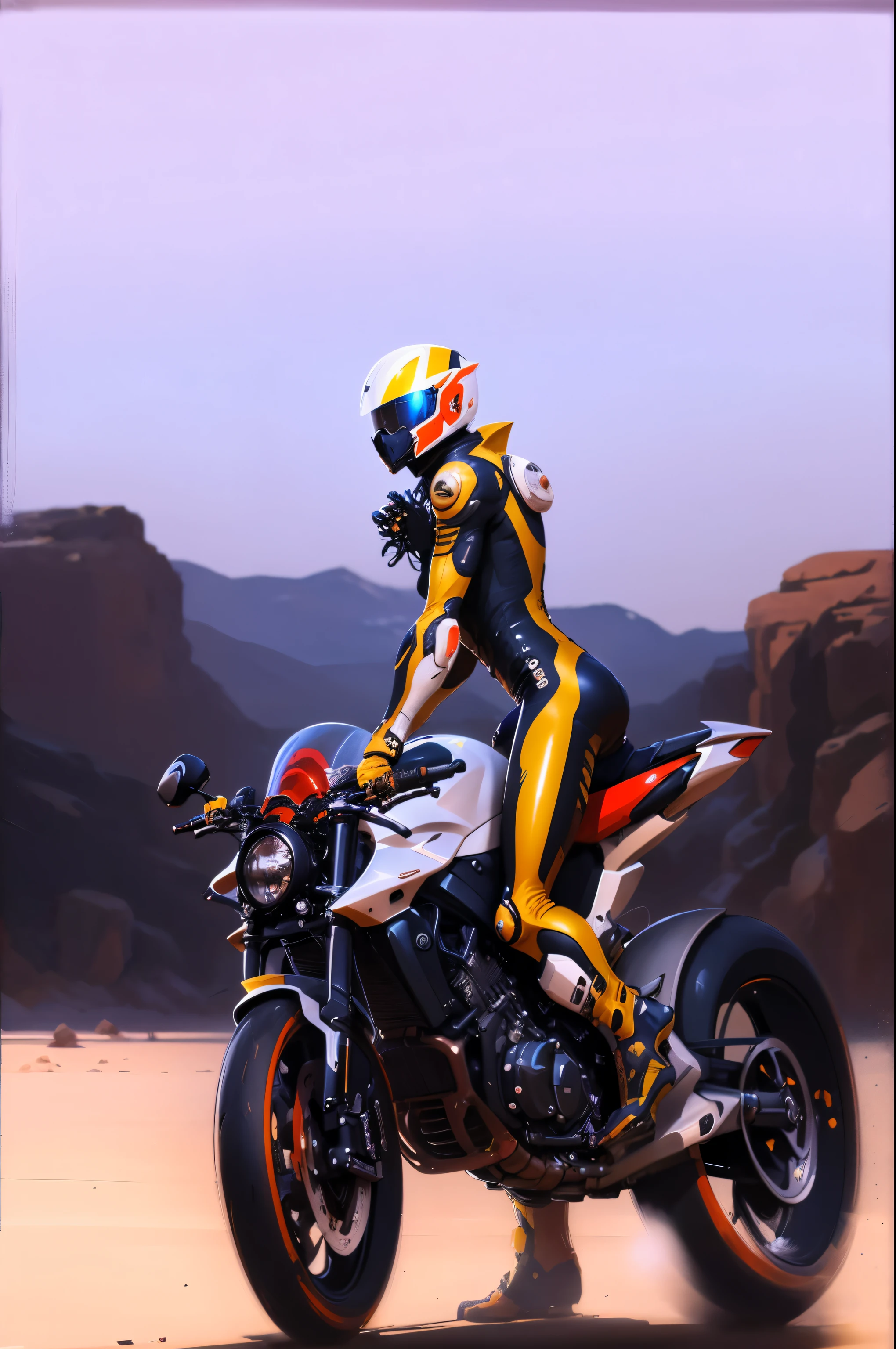 painting of a man riding a motorcycle on a desert road, motorcycle concept art, riding a futuristic motorcycle, motorbiker, cycle render, sitting on cyberpunk motorbike, modern concept art, high quality digital painting, style digital painting, drawn like the anime speed racer, futuristic suzuki, akira moto, stylized digital illustration, digital painting. octane render, futuristic motorcycle