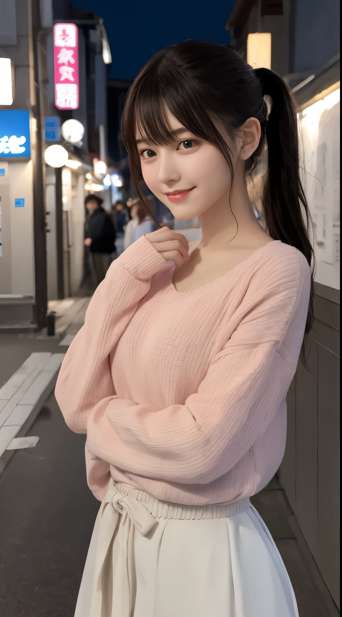 masutepiece, Best Quality, Ultra-detailed, finely detail, hight resolution, 8K Wallpaper, Beautiful detailed eyes,A dark-haired、17 age, Hairstyle is ponytail、 A slender、A refreshing smile、Shows the whole body up to the waist、Very beautiful face,Very well-formed face、Wearing a pink sweater、Tokyo Tower、nighttime scene、One、Clear department、