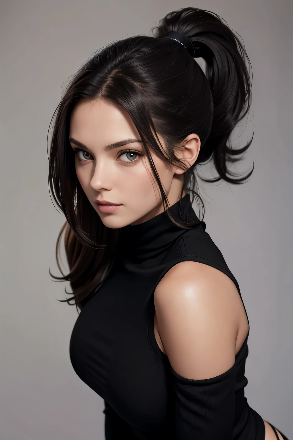 Masterpiece, a beautiful brunette woman in a dark dress, ((Audrey Hepburn:Kate Winslet:0.5)), dark brown eyes with perfect lashes and a pensive gaze, dark, straight hair in a sleek ponytail, great facial features enhanced by cinematic lighting, perfect eyes with ultra-realistic detail, a perfect face free of blemishes or imperfections, a sculpted, toned body, intimate posing for a photorealistic photograph, evocative pose conveying a sense of mystery and allure, ((cute:1.1)), ((sexy:1.2)), looking directly at the viewer with a seductive, come-