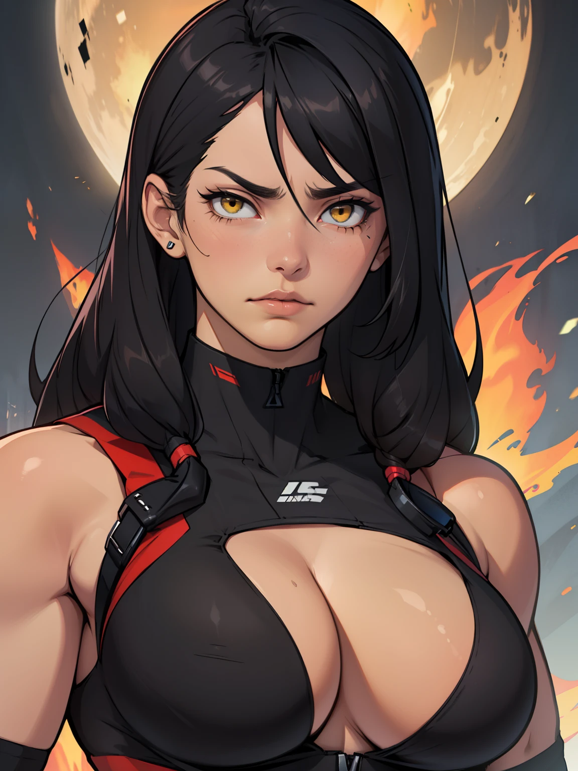 muscular girl thick breasts black hair yellow eyes pale skin best quality sad frown cold