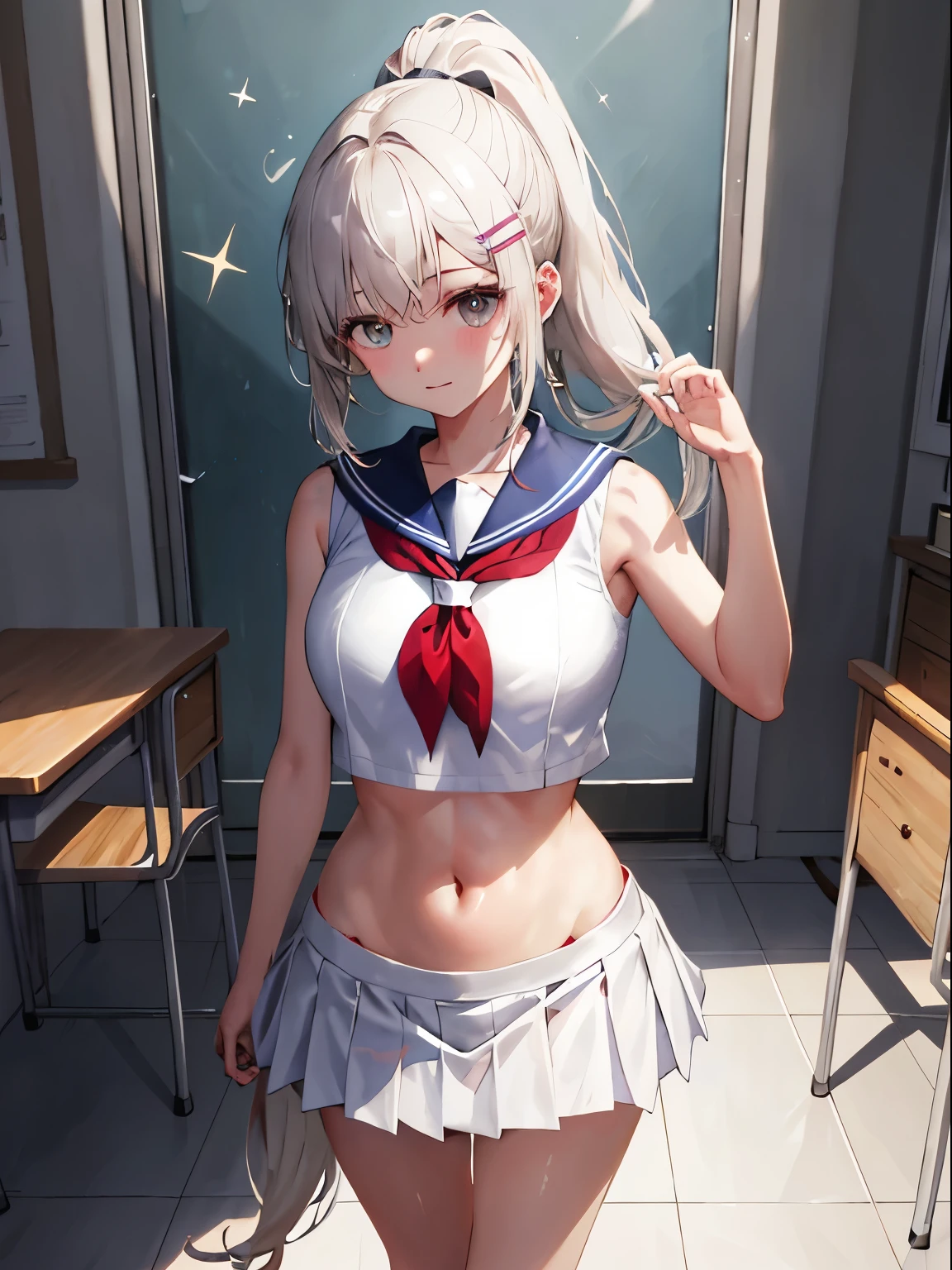 top-quality、realistic touch,high-detail、photoRealstic、thin-waist、captive beauty、big eye、solid platinum-blonde eyelashes、platinum-blonde、full body Esbian、Sparkling eyes, cheeks flushed、thin-waist、In the classroom of the school、She is in estrus、a sailor suit、cocky expression、Super short skirt with V-line visible、Sleeveless、Navel look、small tits、Ponytail hair style、a sailor suit that is extremely short in length、Huge ass、Angle from below、Big breasts visible between uniform and stomach、sexy pose、see-through garment、Embarrassed look