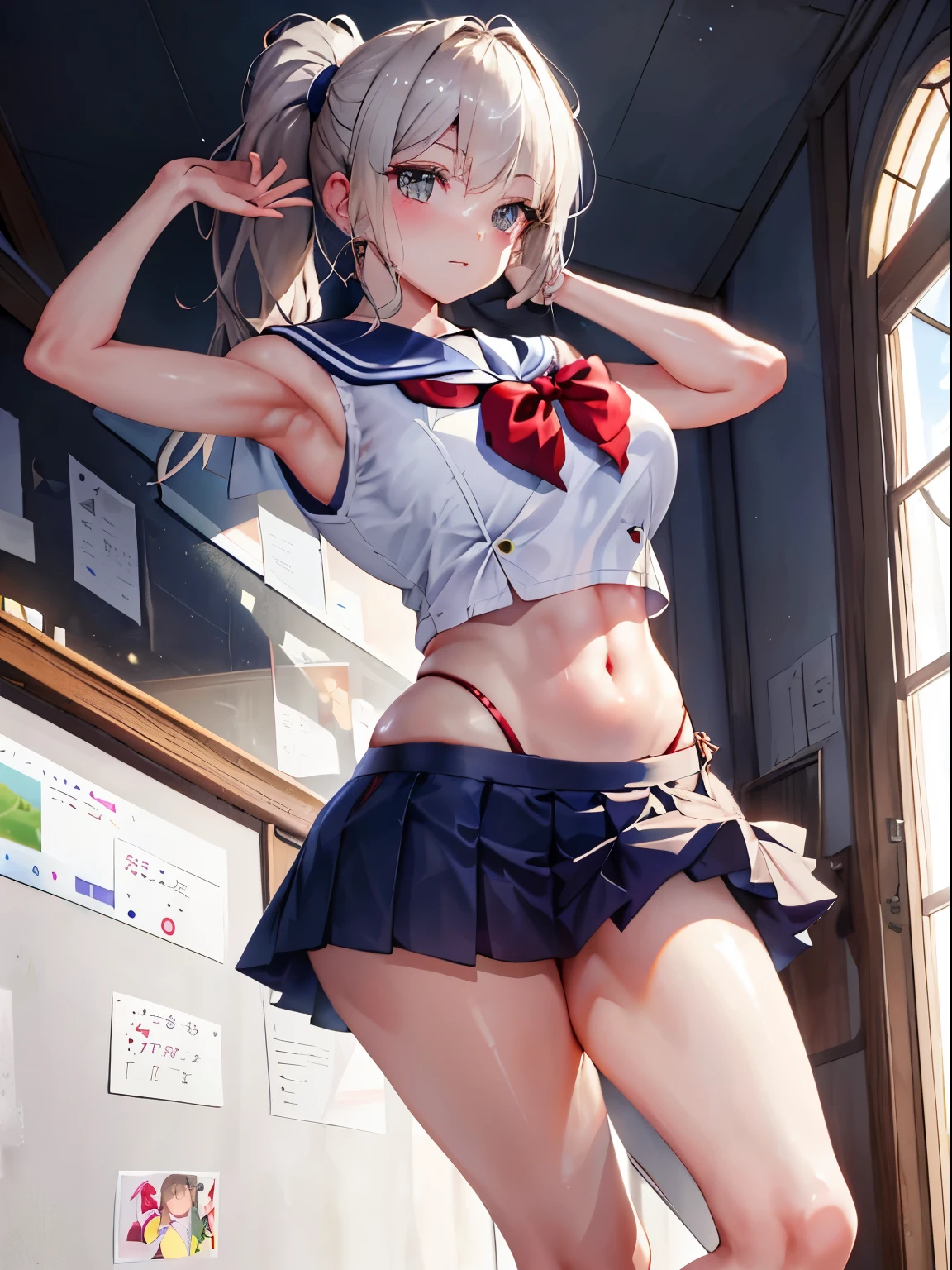 top-quality、realistic touch,high-detail、photoRealstic、thin-waist、captive beauty、big eye、solid platinum-blonde eyelashes、platinum-blonde、full body Esbian、Sparkling eyes, cheeks flushed、thin-waist、In the classroom of the school、She is in estrus、a sailor suit、cocky expression、Super short skirt with V-line visible、Sleeveless、Navel look、small tits、Ponytail hair style、a sailor suit that is extremely short in length、Huge ass、Angle from below、Big breasts visible between uniform and stomach、sexy pose、see-through garment、Embarrassed look