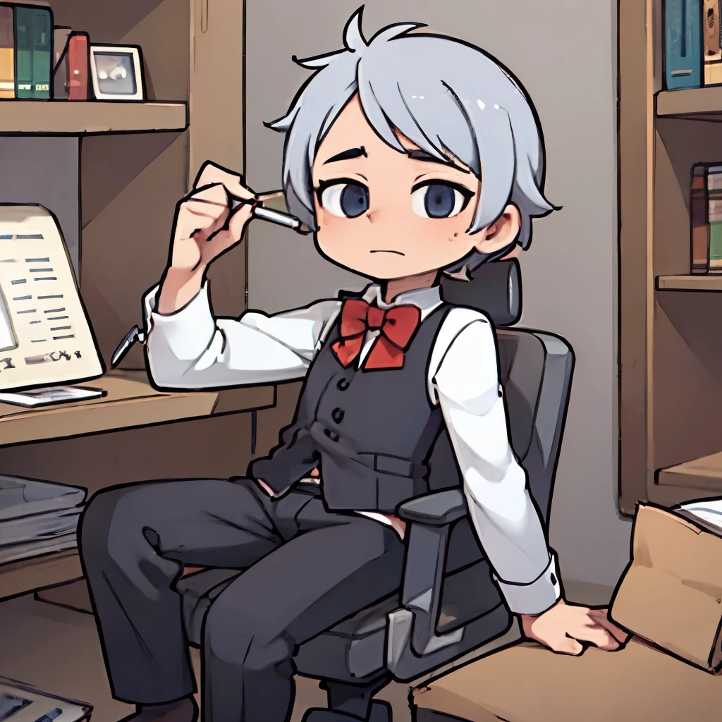 A baby-faced boy who has a nervous, somewhat cynical look on his face, wearing a monocle and vest. He side bangs his stunning gray hair.