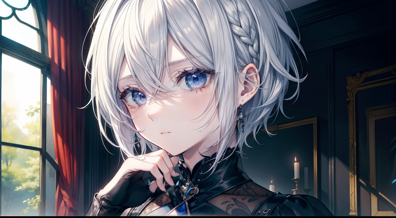 (masutepiece, Best Quality), Intricate details, 8K, Sharp focus quality) (Detailed skin:1.3) (Intricate details) (8K) (Detailed eyes) (Anime) Man's character, Soft hair, Short hair, White hair, Light blue eyes, Man's, Anime Man's, frontage, 素敵なMan's子, Perfect face, Detailed eyes, Bold background, Detailed accessories, Unique costumes, Sharp eyes, Man's, A young man, Idol, dark color, pale skin, Vampire, tusk, Defined features, Model, Gothic, Symbolism, Comfortable clothing, Dark room, Cluttered room, Indoors, Detailed background, Bold colors, bold outline, Sharp face, Nighttime, Night, Pose, Handsome, sleepy, Tired, drooing eyes