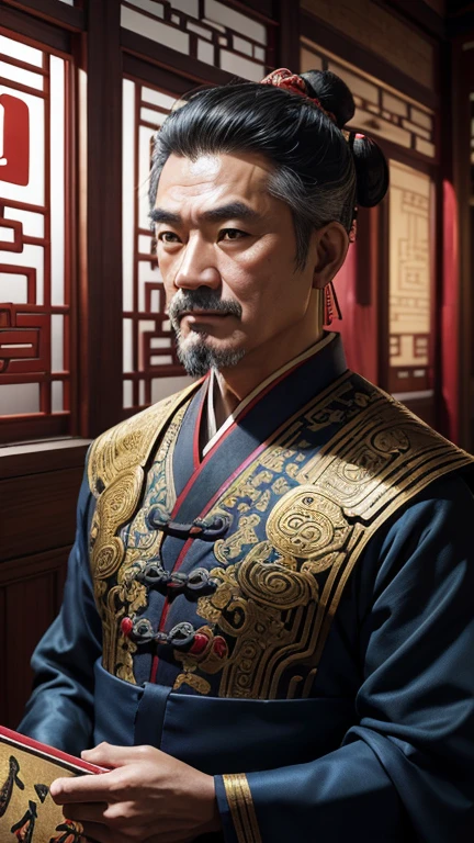 oriental、Middle-aged man wearing ancient Chinese clothes、ancient chinese hairstyle middle age、three kingdom、multiple warlords、top-quality、masterpiece、超A high resolution、(Photorealsitic:1.4)、Game Posters、Inside the building、