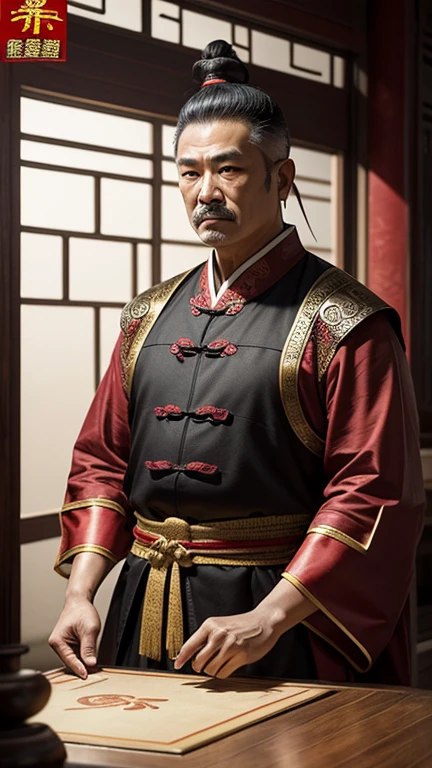 oriental、Middle-aged man wearing ancient Chinese clothes、ancient chinese hairstyle middle age、three kingdom、multiple warlords、top-quality、masterpiece、超A high resolution、(Photorealsitic:1.4)、Game Posters、Inside the building、