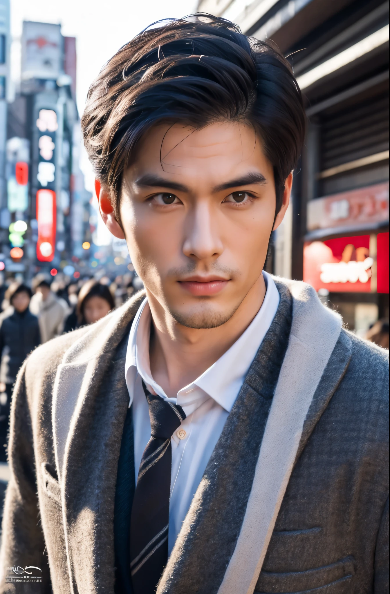 Photorealsitic, 8K full body pinup poster from head to foot, a handsome, japanes, a 25-year-old man, serious facial expression, Sharp eyes, A charming expression, detailed face details, stiff skeleton, muscular physique, TOKYOcty, Winters, Shibuya in the background