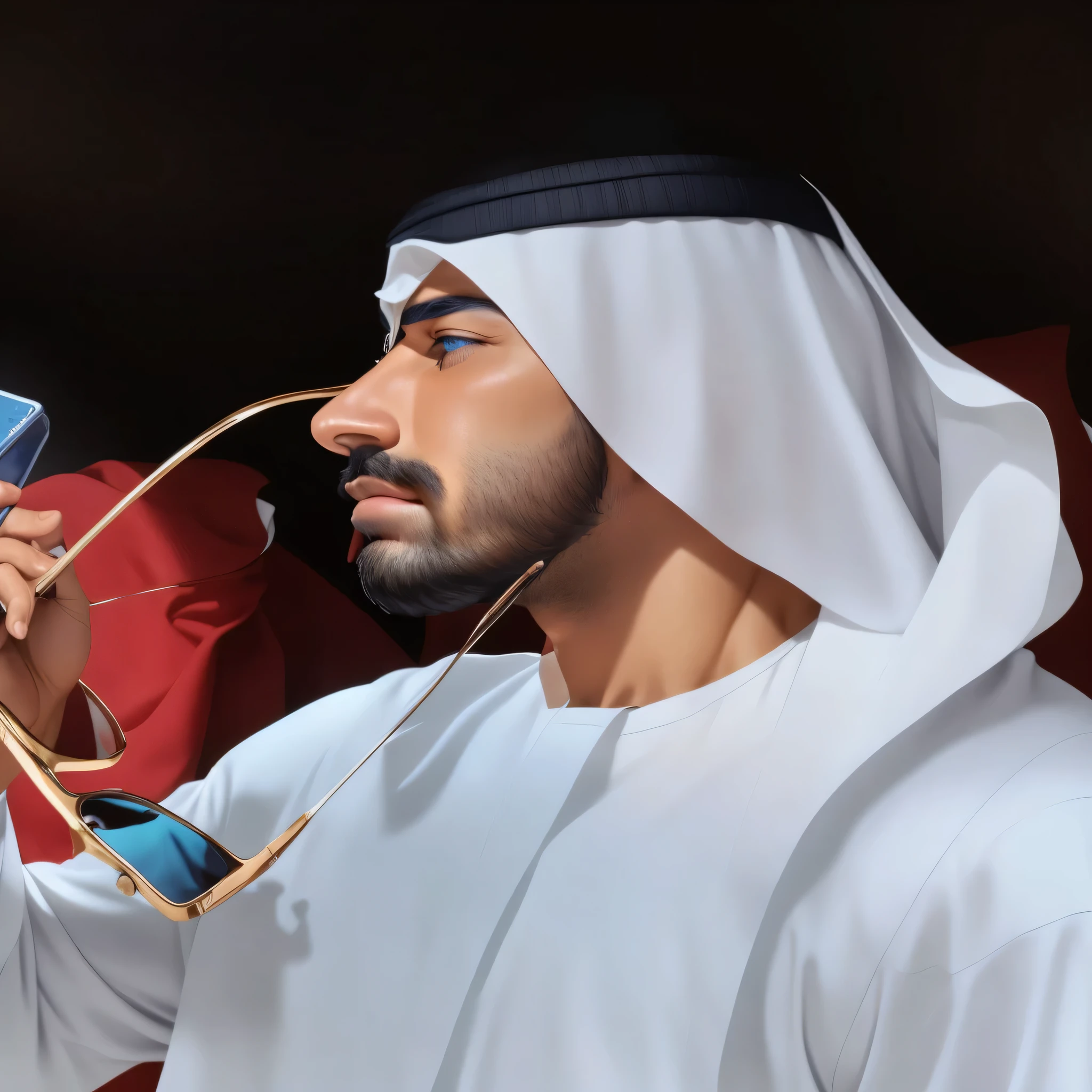faaris azura in a white robe holding a pair of sunglasses and a cell phone, arab faaris azura, handsome faaris azura blue eyes, handsome faaris azura, arab faaris azura blue eyes and beard, faaris azura dressed in thobe, flaunting handsome looks and blue eyes