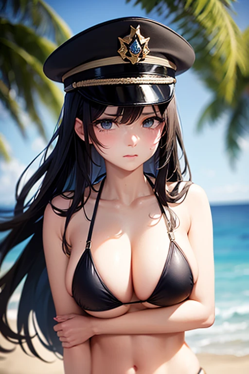 bikini, breast, military cap, crying face, sad face, long black hair