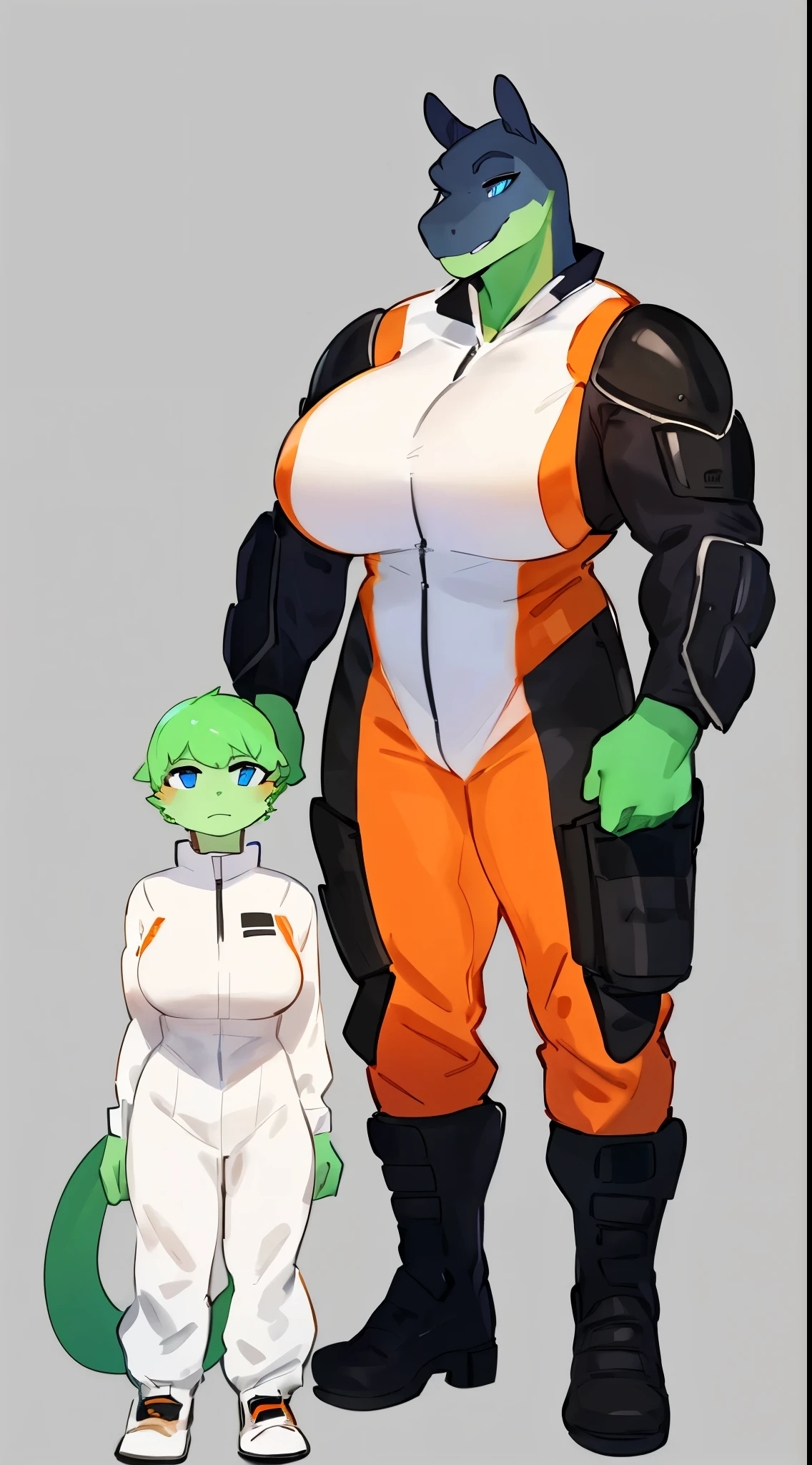 By bebebebebe, by lostgoose, by goonie-san, by buta99, by con5710, ((female, green skin, blue eyes, short hair)), tyrannosaurus, dinosaur, t-rex, smirking, big breasts, (muscular, buff, giant, strong, enormous, broad shoulders, big head), ((white jumpsuit with orange accents)), black body armor, black tactical pouches, big black boots, standing
