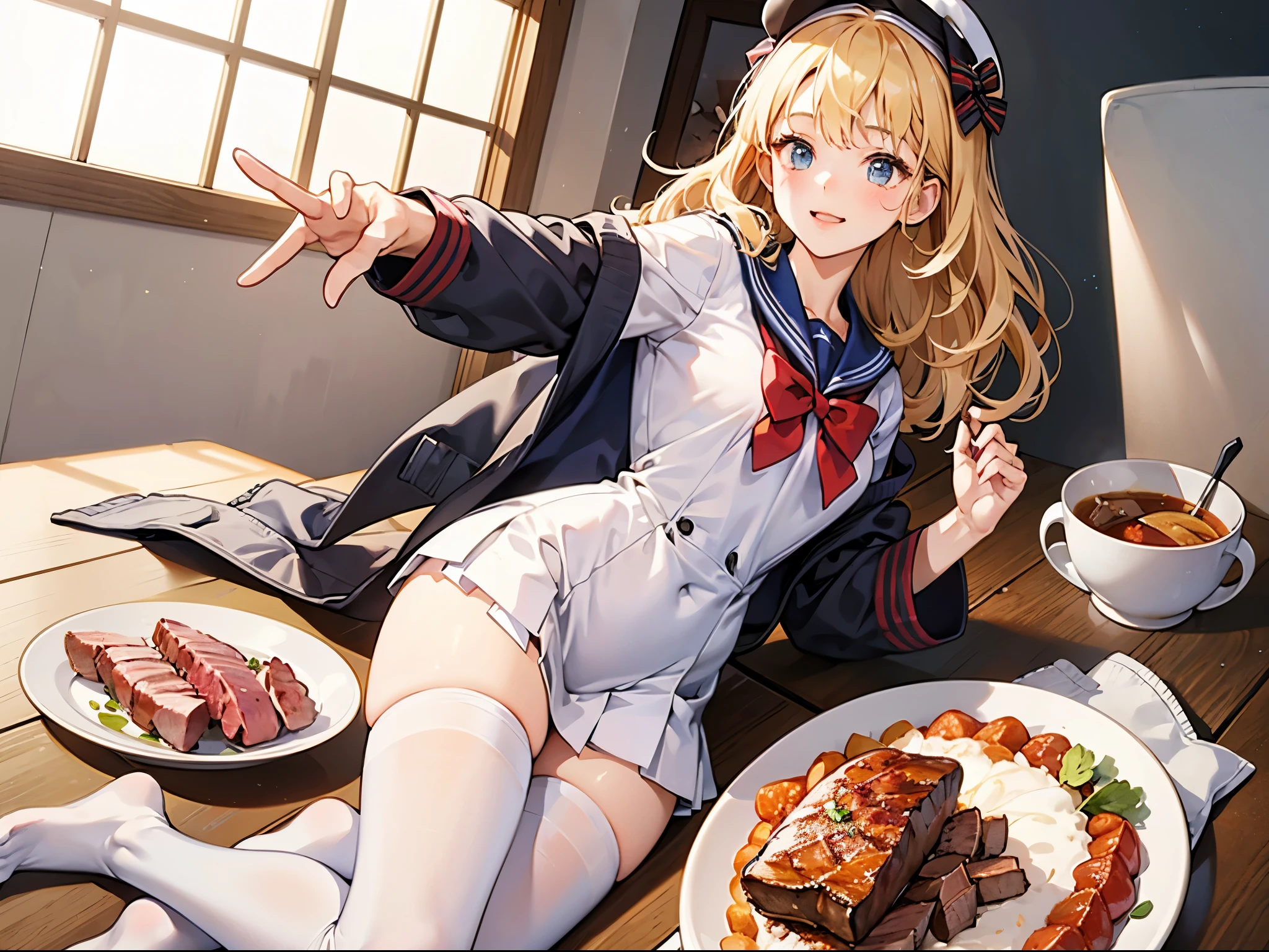 A lively, cute and pure girl wears a bow on her head,In sailor suit(Modern style) white stockings(White and translucent meat)Perfect body proportions
