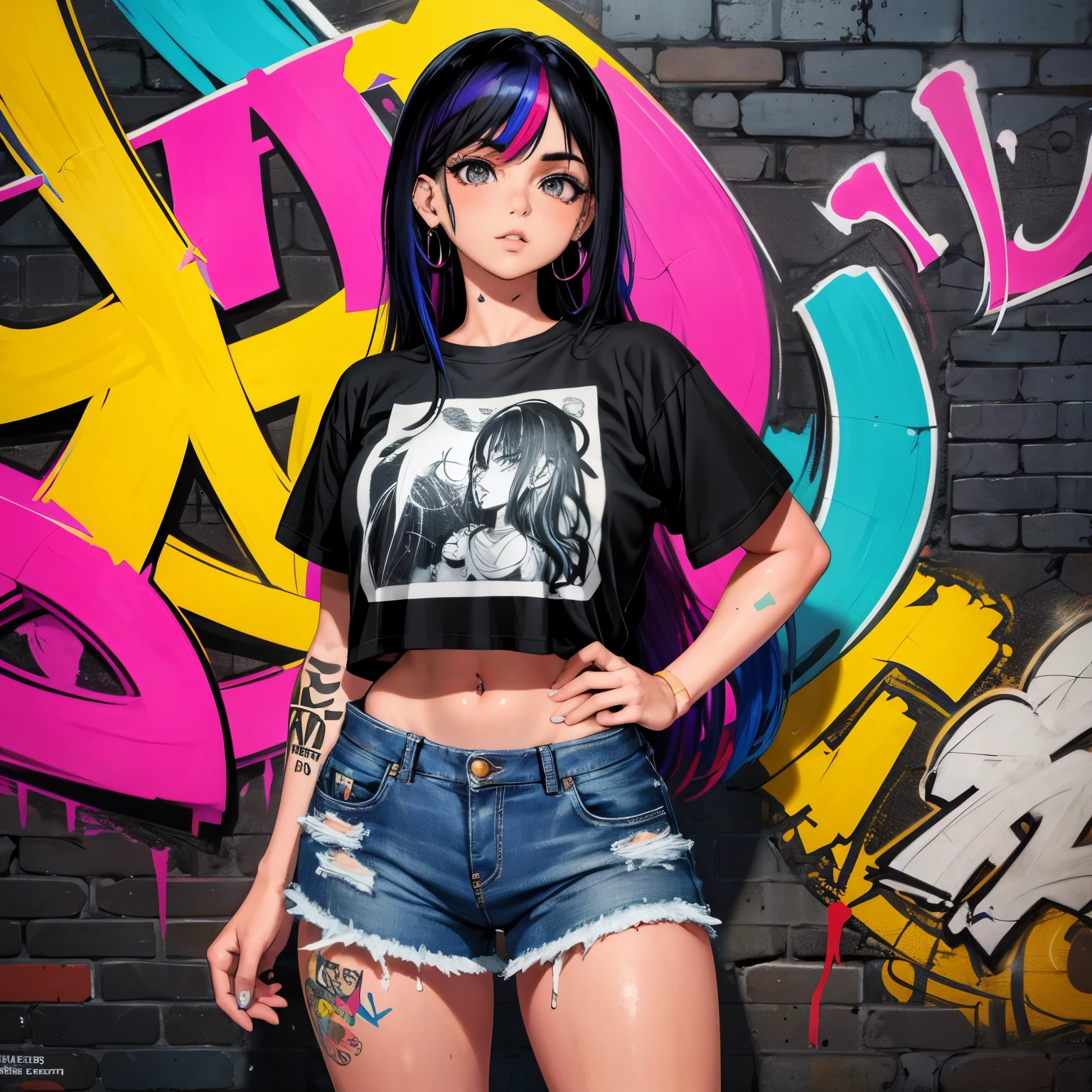 The most beautiful and sexy punk rock girl, cabello color arco iris, ojos amarillos, usar una sudadera con capucha, Graphic T-shirt and torn skinny jeans, enormes tetas gigantescas, Escote mostrando, toneladas de tatuajes y piercings, elementos de graffiti en el fondo, Obra maestra perfecta, alta calidad, High resolution