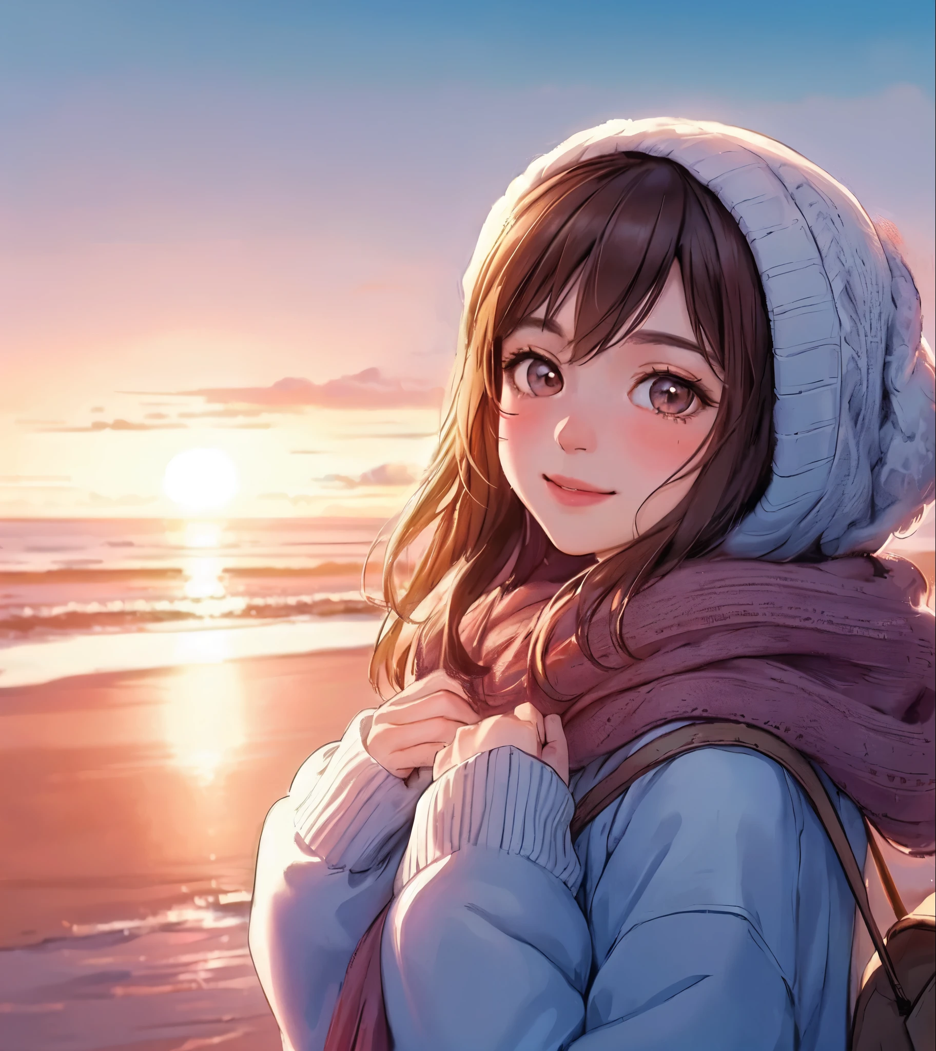 1lady solo, (looking back at viewers), (stylish outfit) winter, mature female, /(dark brown hair/) bangs, blush kind smile, (eyes sparkling with hope), (masterpiece best quality:1.2) delicate illustration ultra-detailed, large breasts BREAK (the first sunrise on the horizon) ocean, morning glow, vibrant colors sky BREAK (quiet beach outdoors), early morning