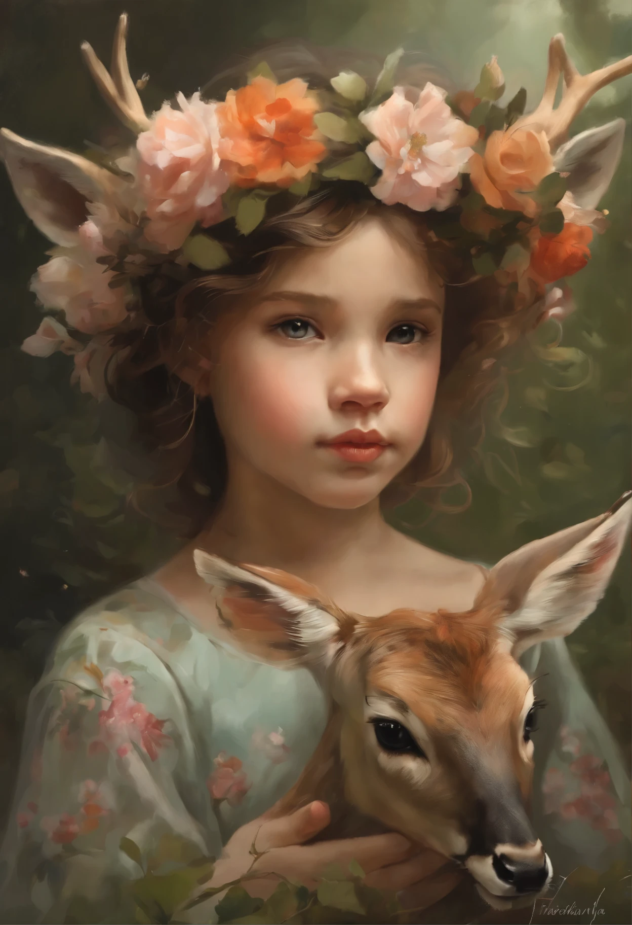 painting of a  girl in a flower dress with a deer and a flower crown, magali villeneuve', In the style of Anna Dittmann, magali villeneuve and monet, beautiful character painting, Heather Theurer, Ghibli Tom Bagshaw, artwork in the style of guweiz, Adi Granov, jinyoung shin art, Ye Xin, Annie Stegg Gerard