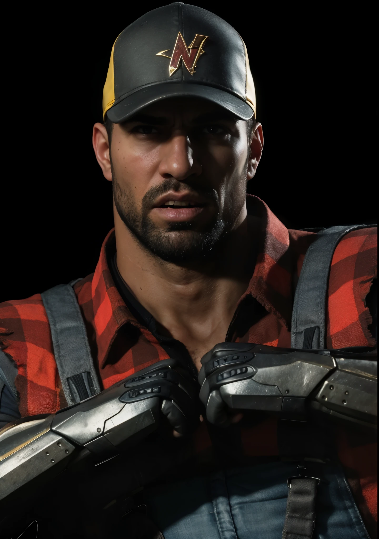 (masterpiece),(best quality:1.0),(ultra high resolution:1.0), Jax, mortal kombat, beard , farmer, metal arms cap forward, closeup, detailed, face focus, 8k wallpaper